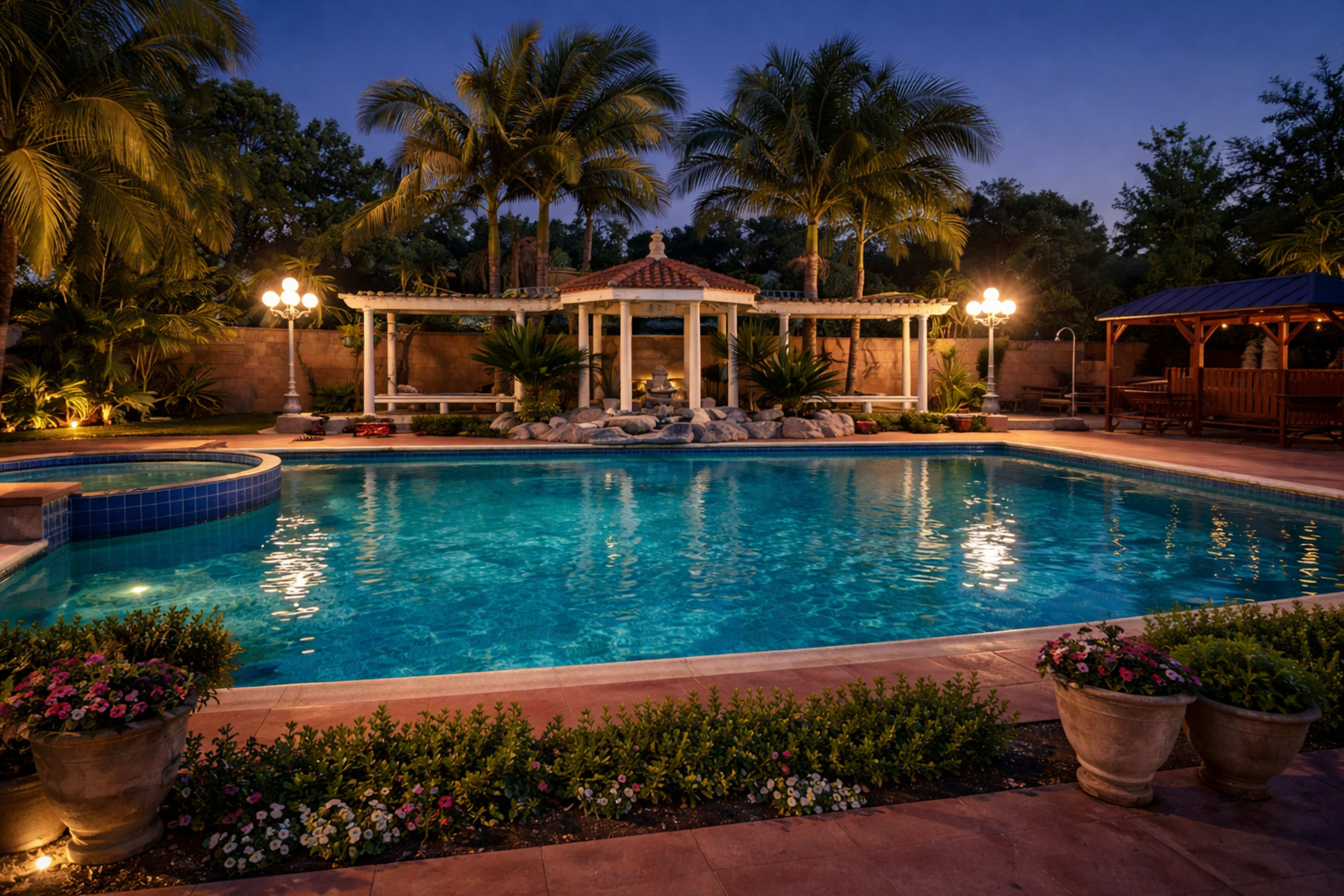 Private Tropical Pool Backyard with Gazebo & Palm Trees Image in Arcadia, Arcadia, CA