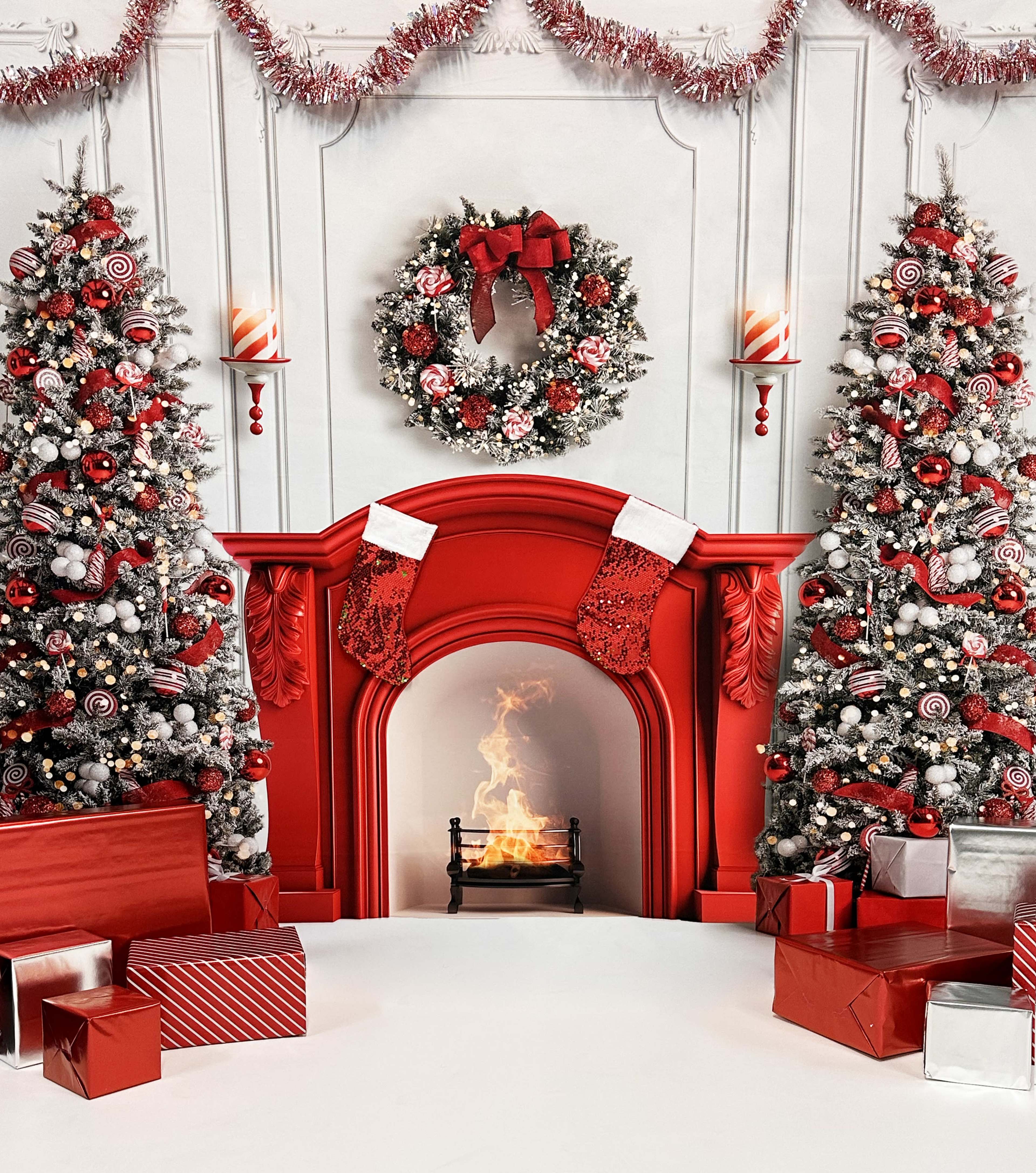 The scene features a decorated holiday setting with two Christmas trees on either side of a red fireplace adorned with stockings, and wrapped presents scattered on the floor.
