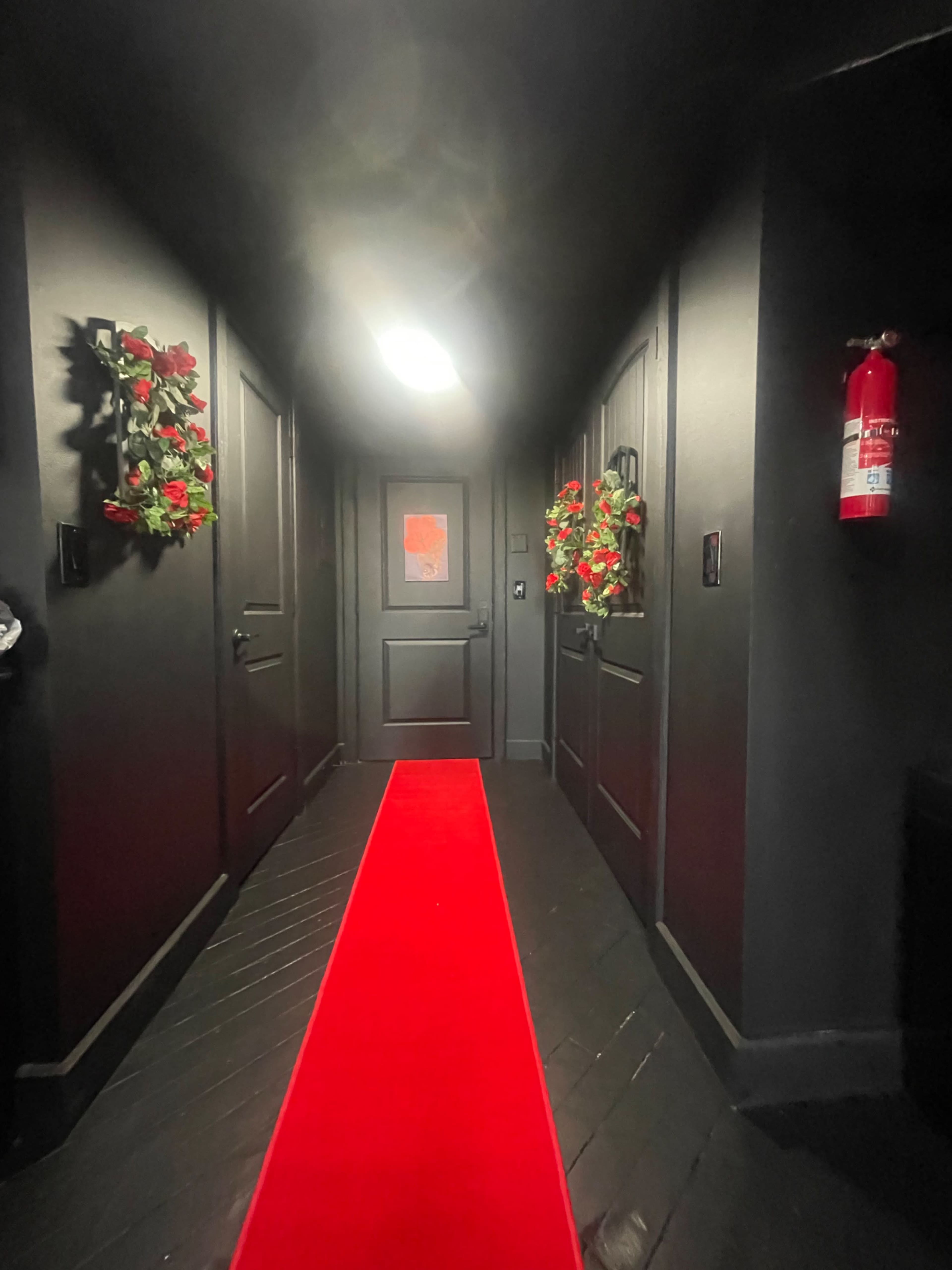 A narrow hallway with black walls features red floral decorations, a red carpet leading to a closed door, and a fire extinguisher mounted on the right.