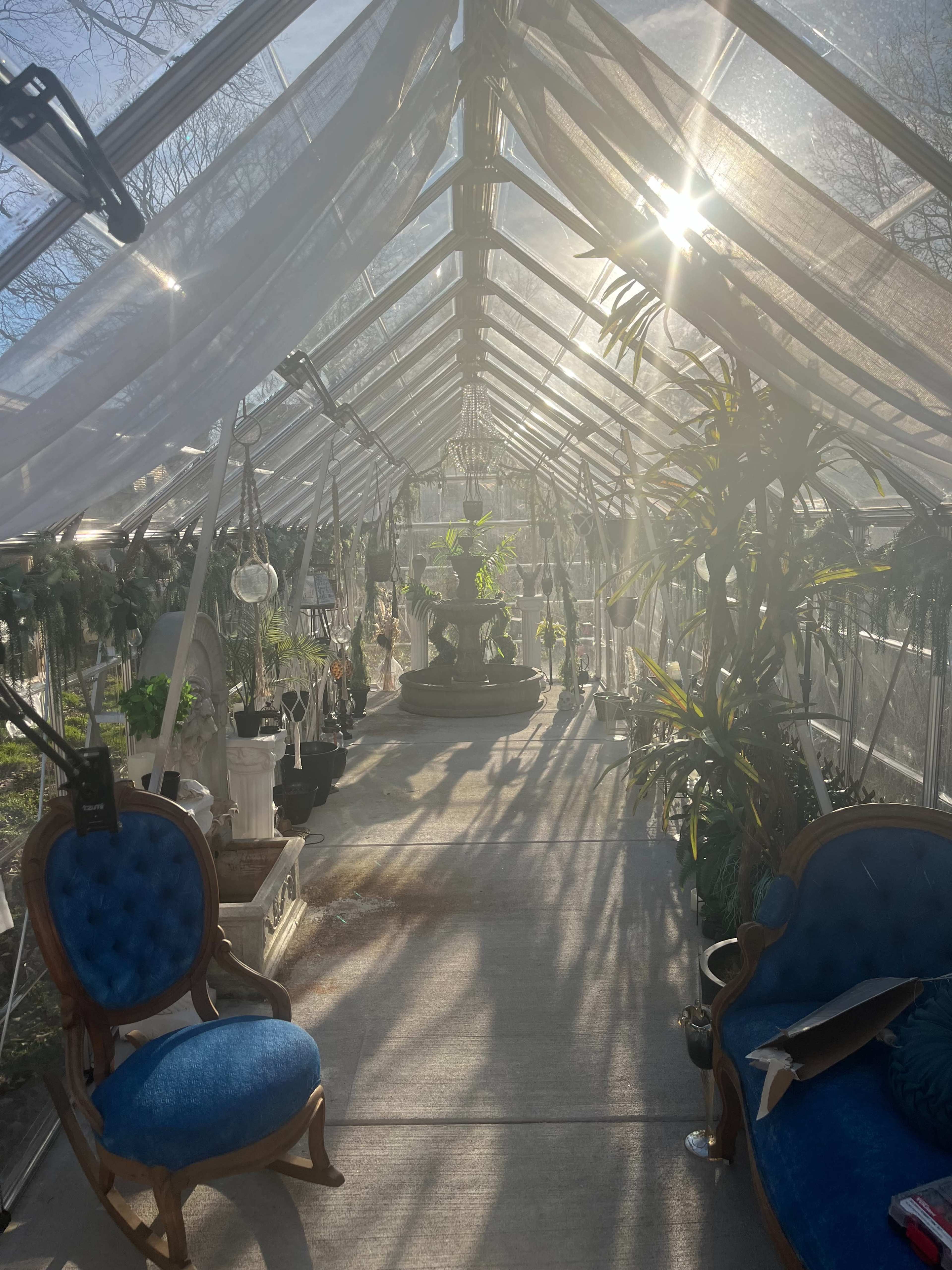 A greenhouse interior with a central fountain, surrounded by plants and bathed in sunlight filtering through sheer curtains.