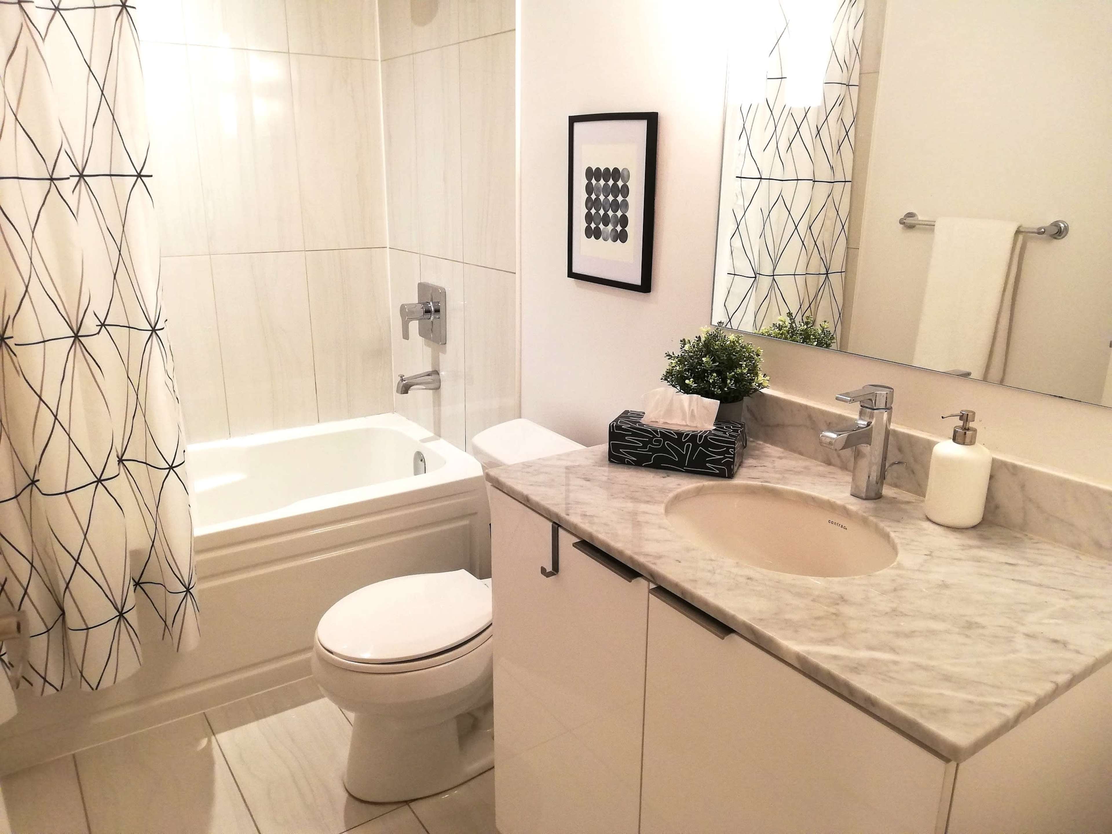 The image shows a modern bathroom featuring a bathtub with a shower, a sink with a marble countertop, and a decorative mirror.