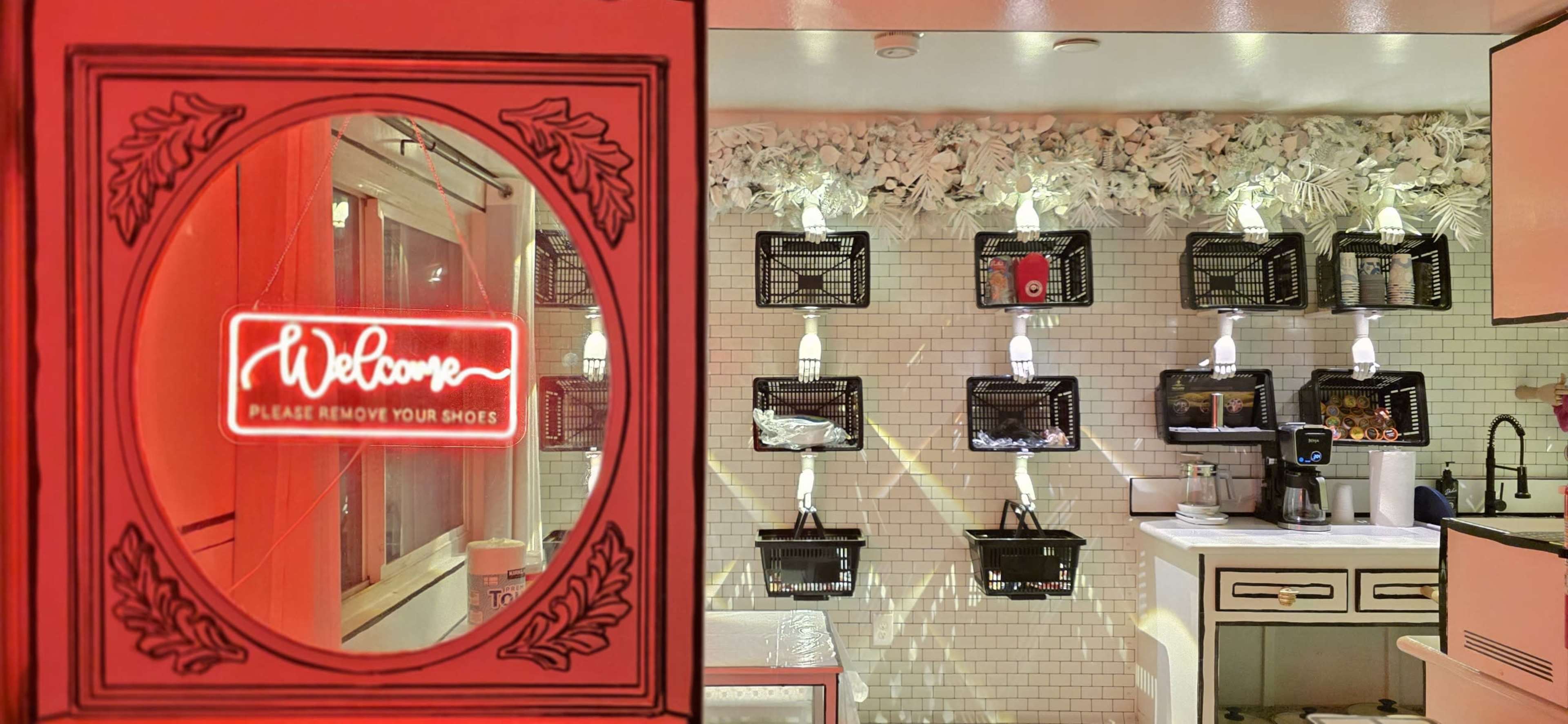 A warmly lit entrance features a "Welcome" sign alongside a modern kitchen area with wall-mounted baskets and a coffee station.