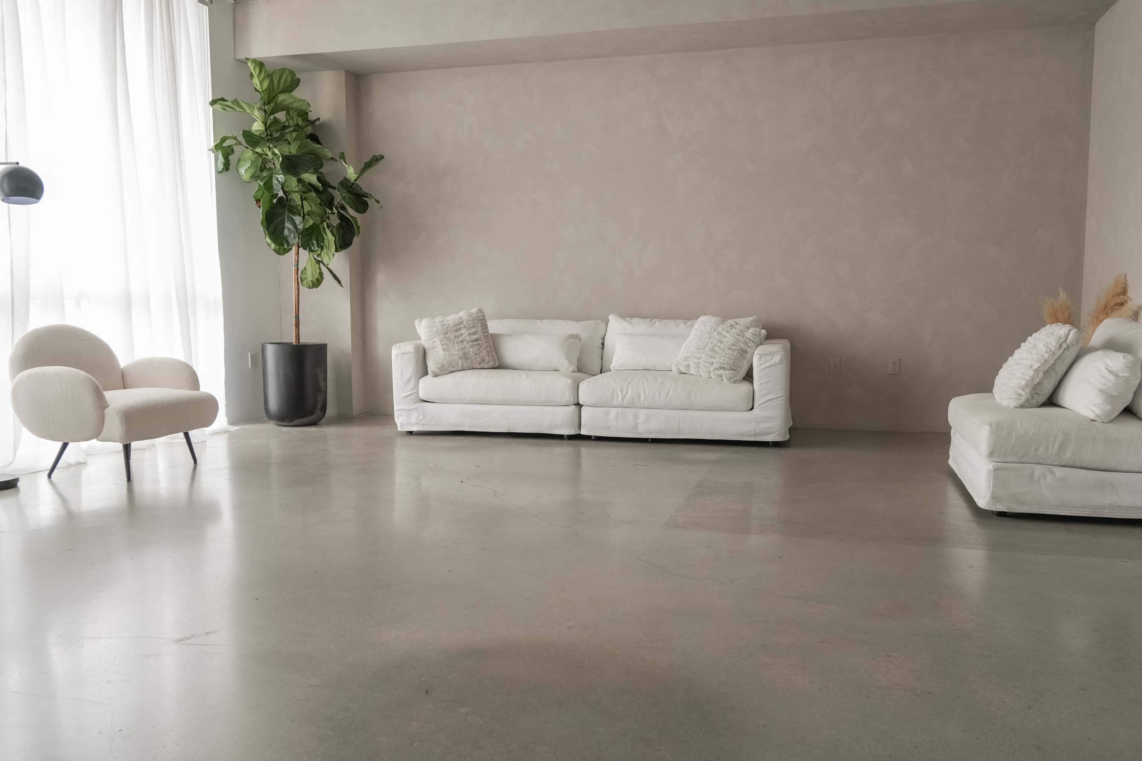A spacious room with two white sofas, a modern armchair, and a large potted plant, all set against a light-colored wall.
