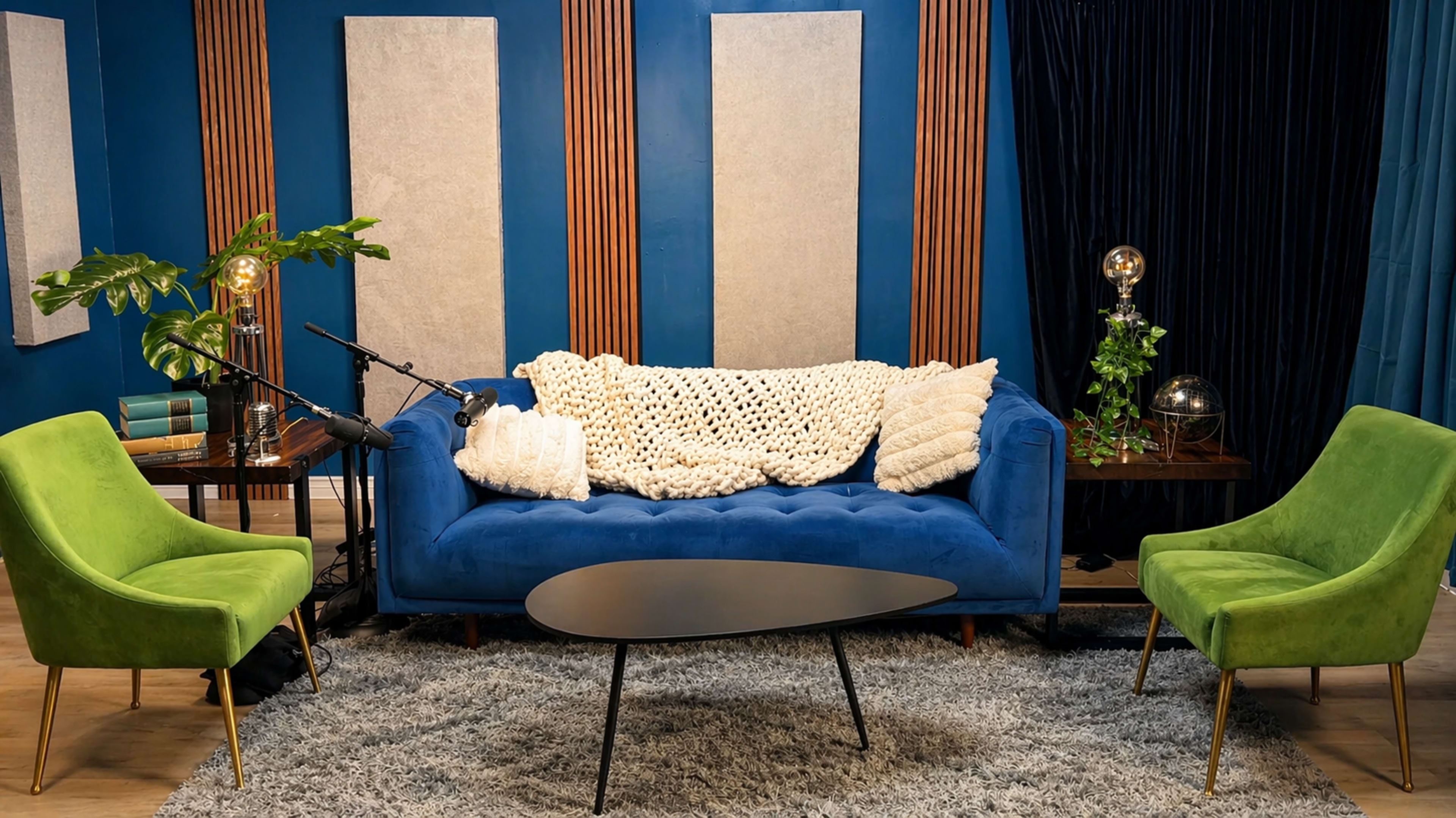 The image features a living room setup with a blue couch adorned with a white throw blanket, flanked by two green chairs, a coffee table, and decorative plants against a blue wall.