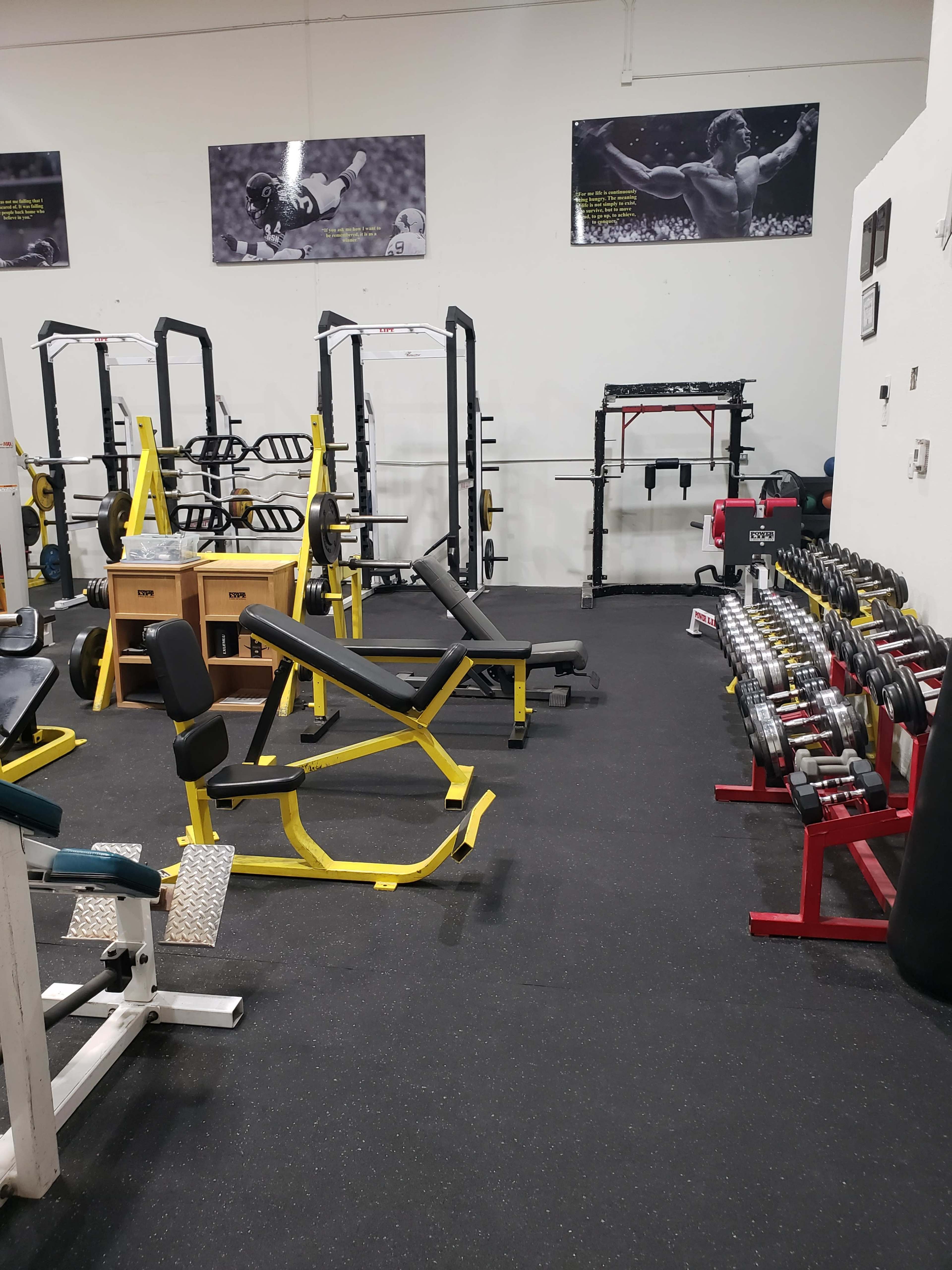 The gym features various weightlifting equipment, including benches, racks, and a selection of dumbbells neatly arranged on a rack.