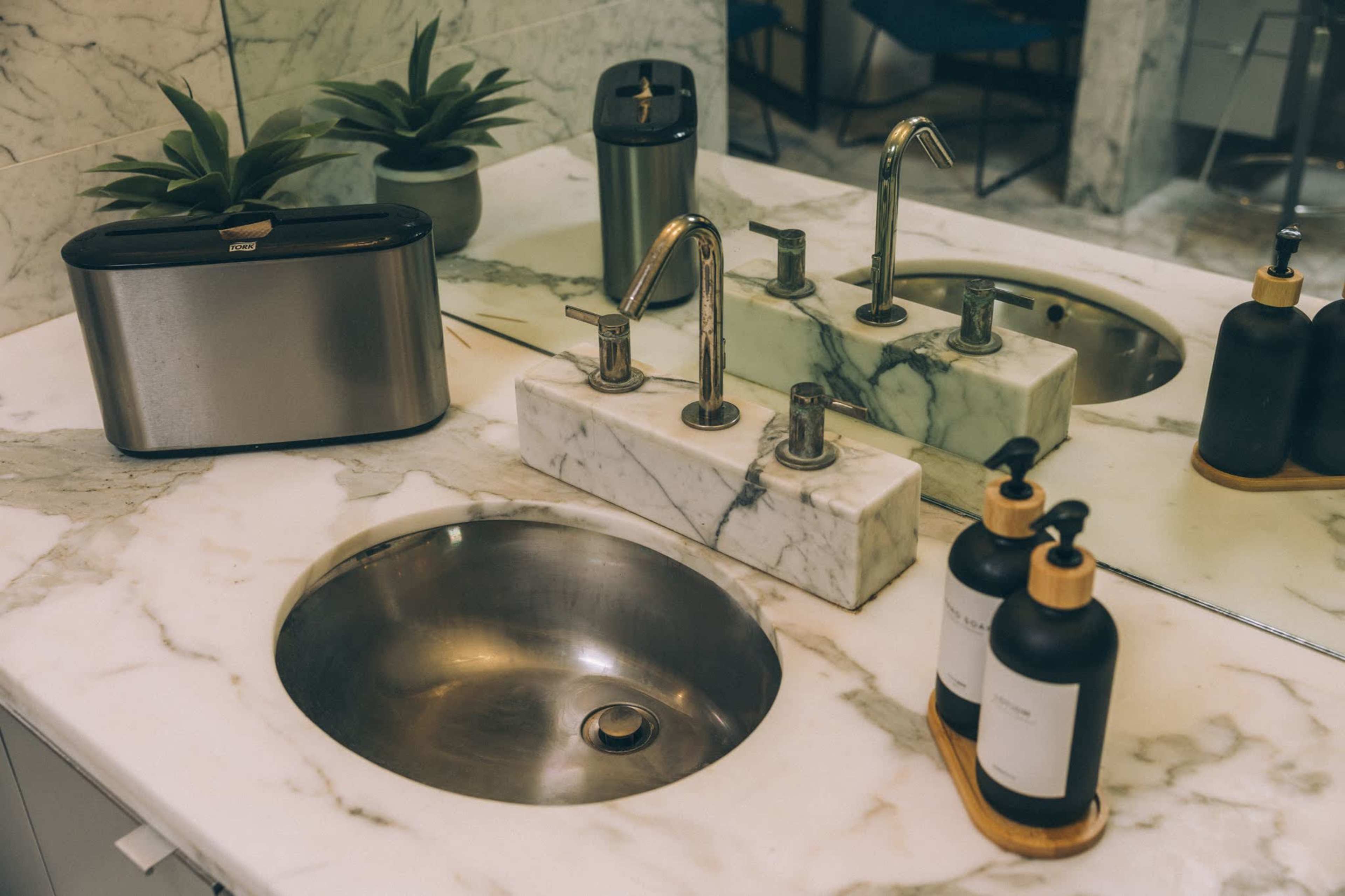 The image shows a bathroom sink area featuring a marble countertop, a stainless steel sink, two faucets, a soap dispenser, and a small plant arrangement.