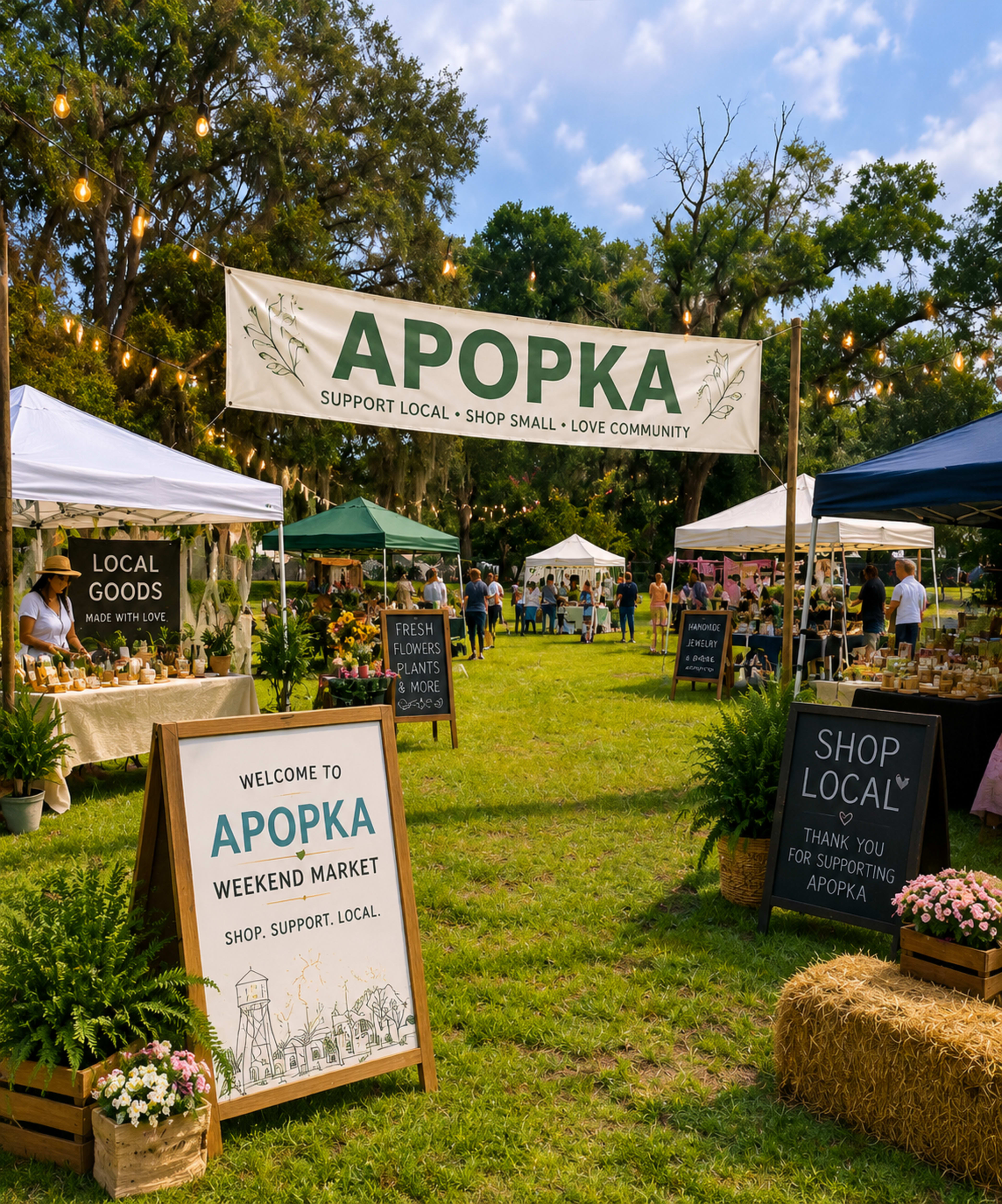 A bustling weekend market in Apopka features vendor tents selling local goods, fresh plants, and various products under strings of lights.