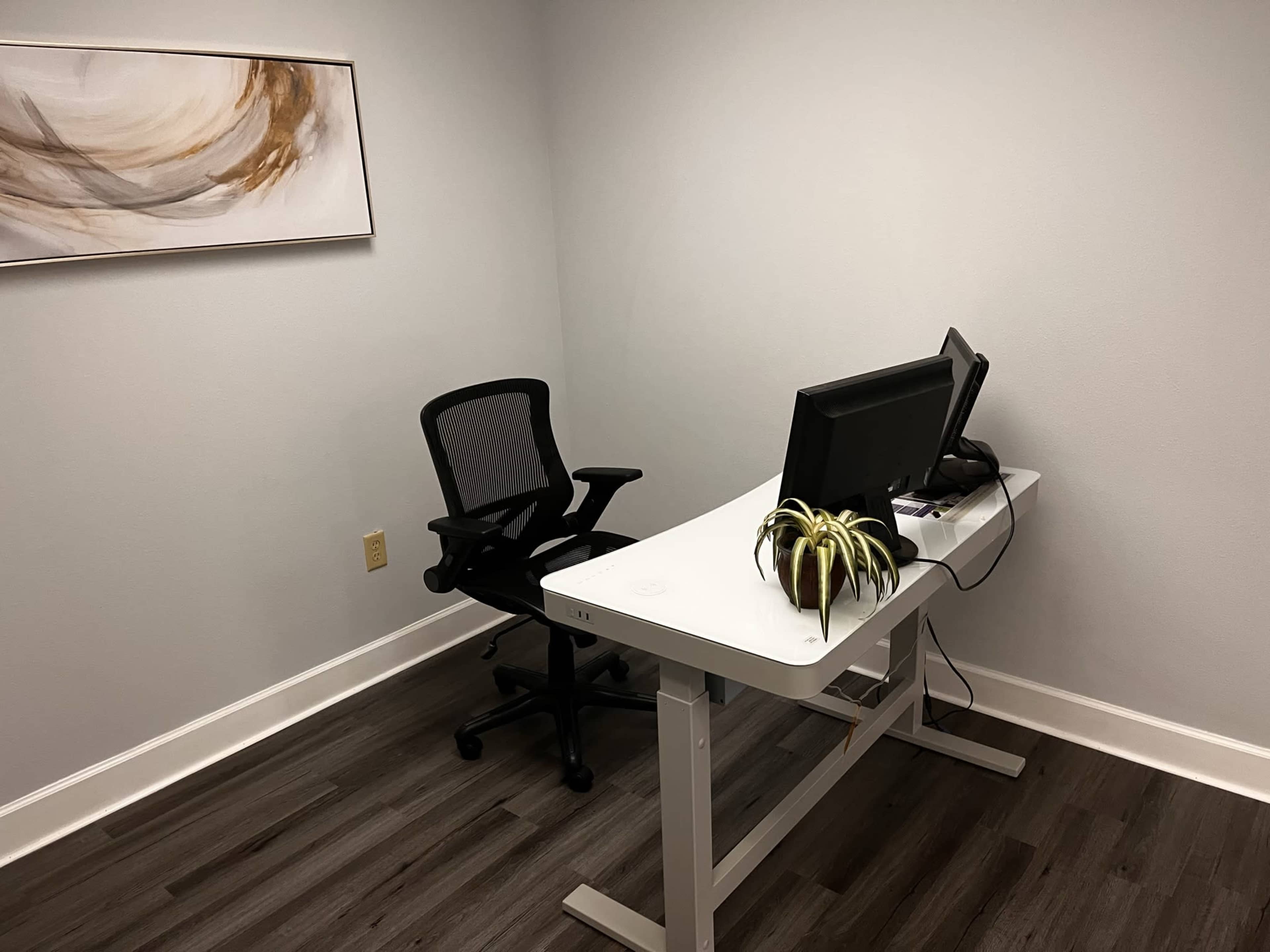 A minimalistic office space featuring a standing desk with a computer monitor and an ergonomic chair, complemented by a small potted plant.