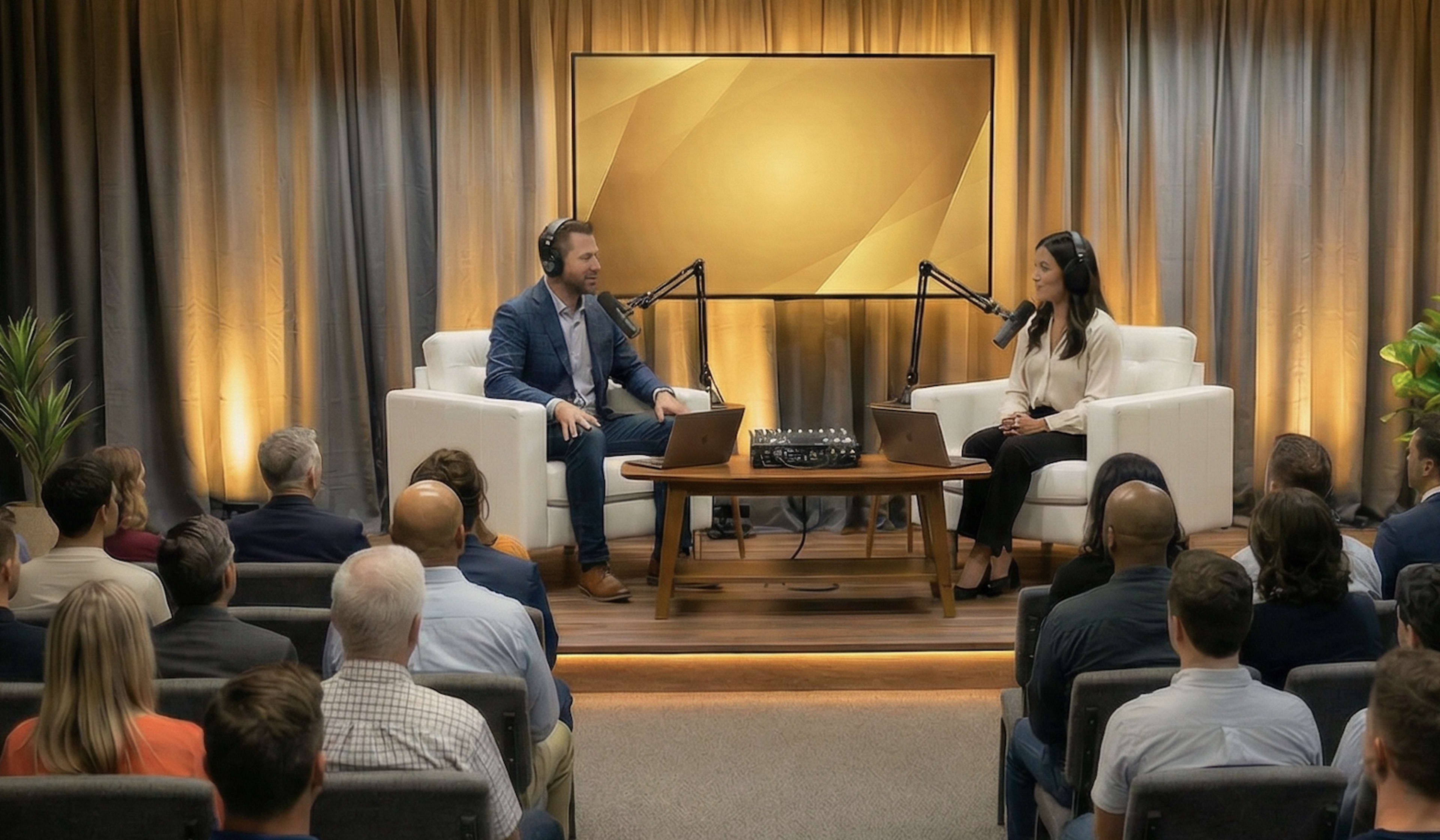 A man and a woman engage in a podcast recording on stage, seated comfortably in armchairs, while an audience listens attentively.