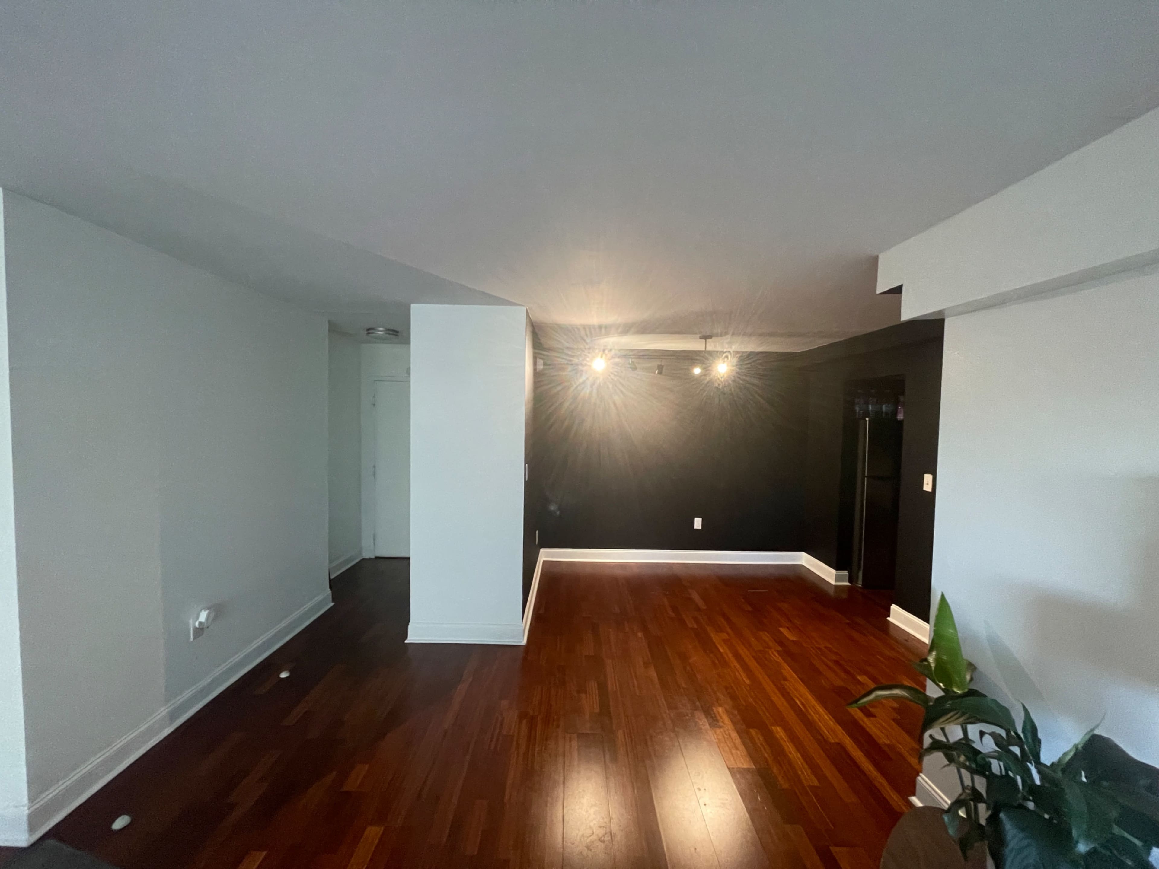 A partially furnished living room with dark walls, hardwood floors, and track lighting.