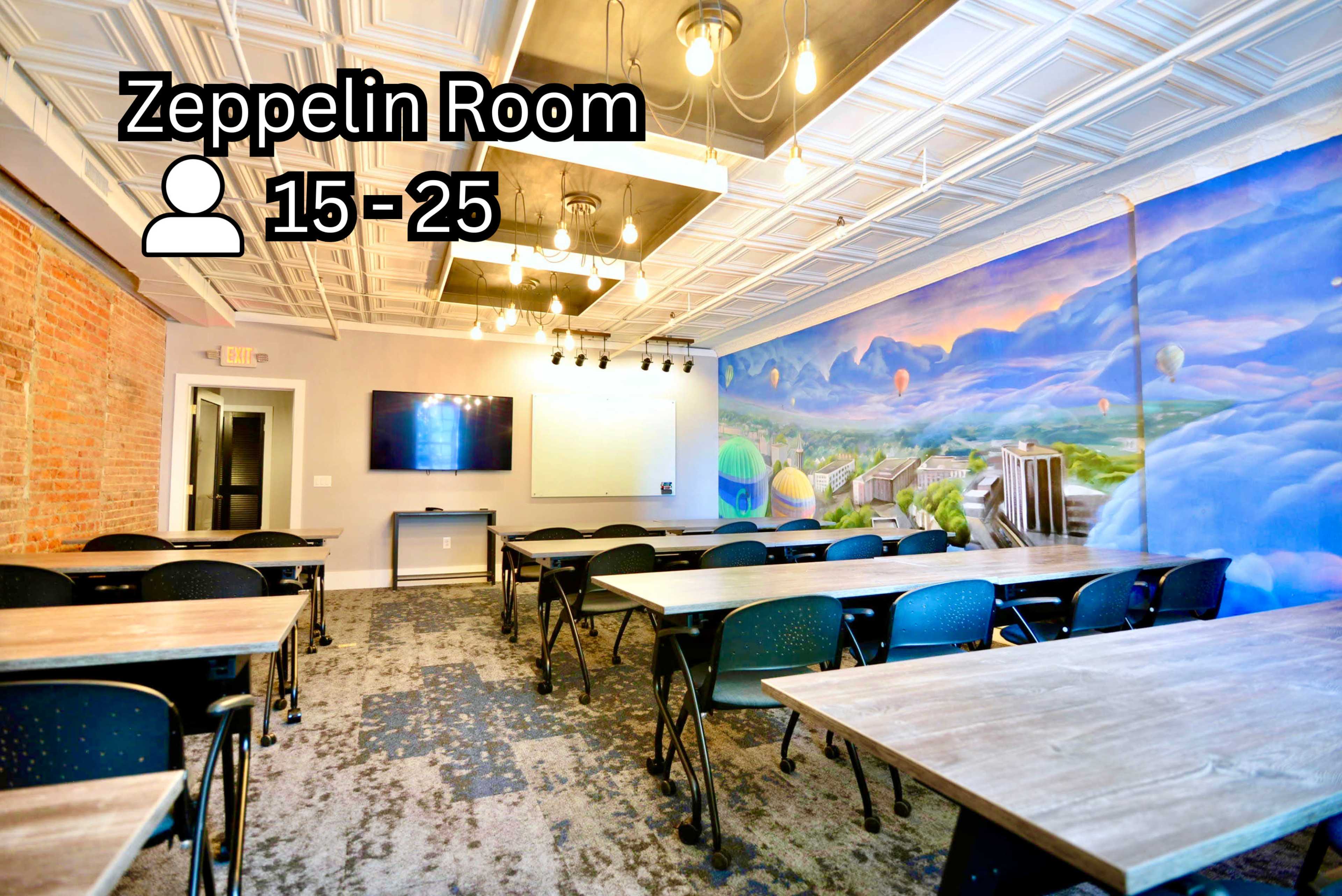 The image shows a conference room called the Zeppelin Room, featuring a mural of hot air balloons, several tables arranged for seating, and a large screen on the wall.