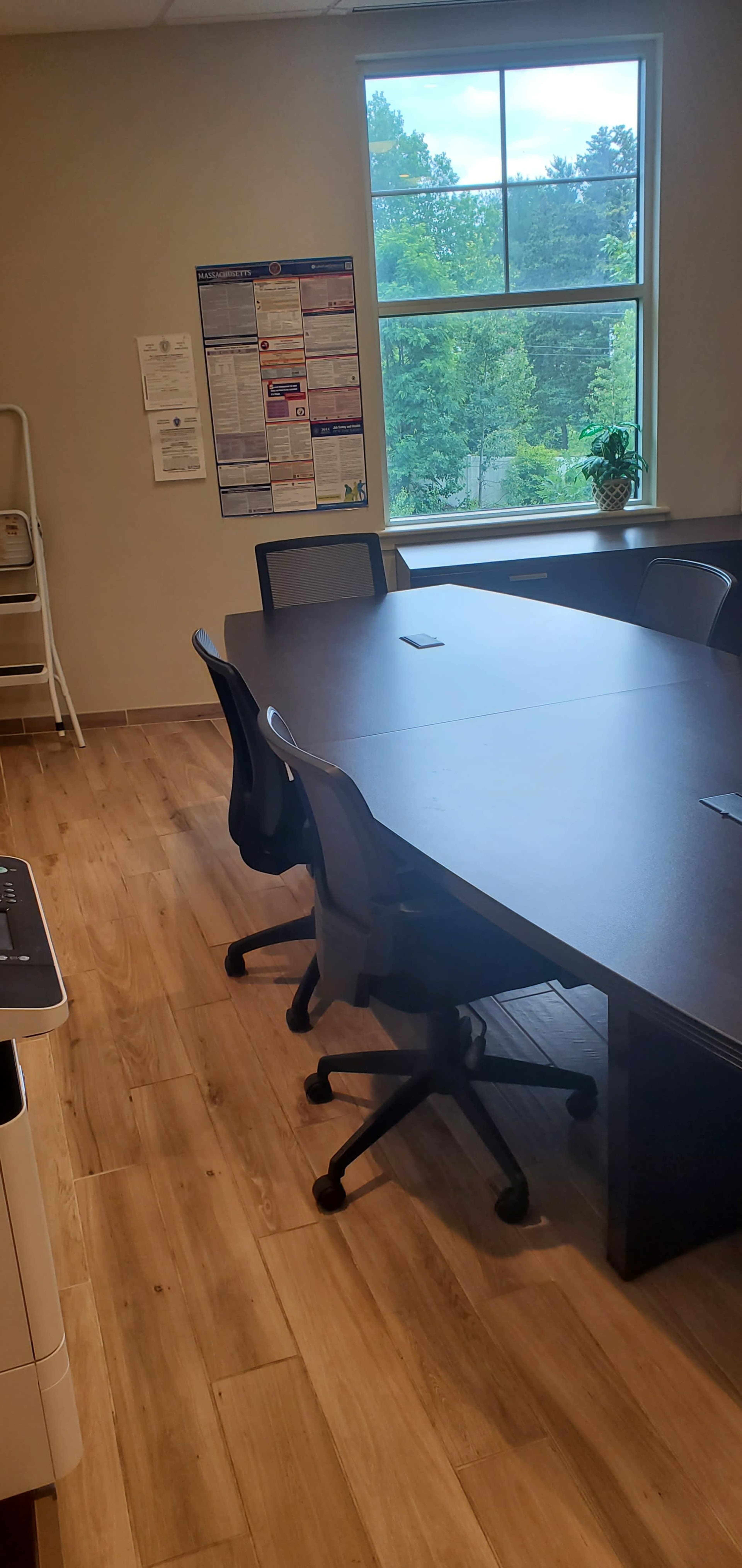 A conference room featuring a large, dark wooden table surrounded by several office chairs, with a window providing a view of greenery outside.