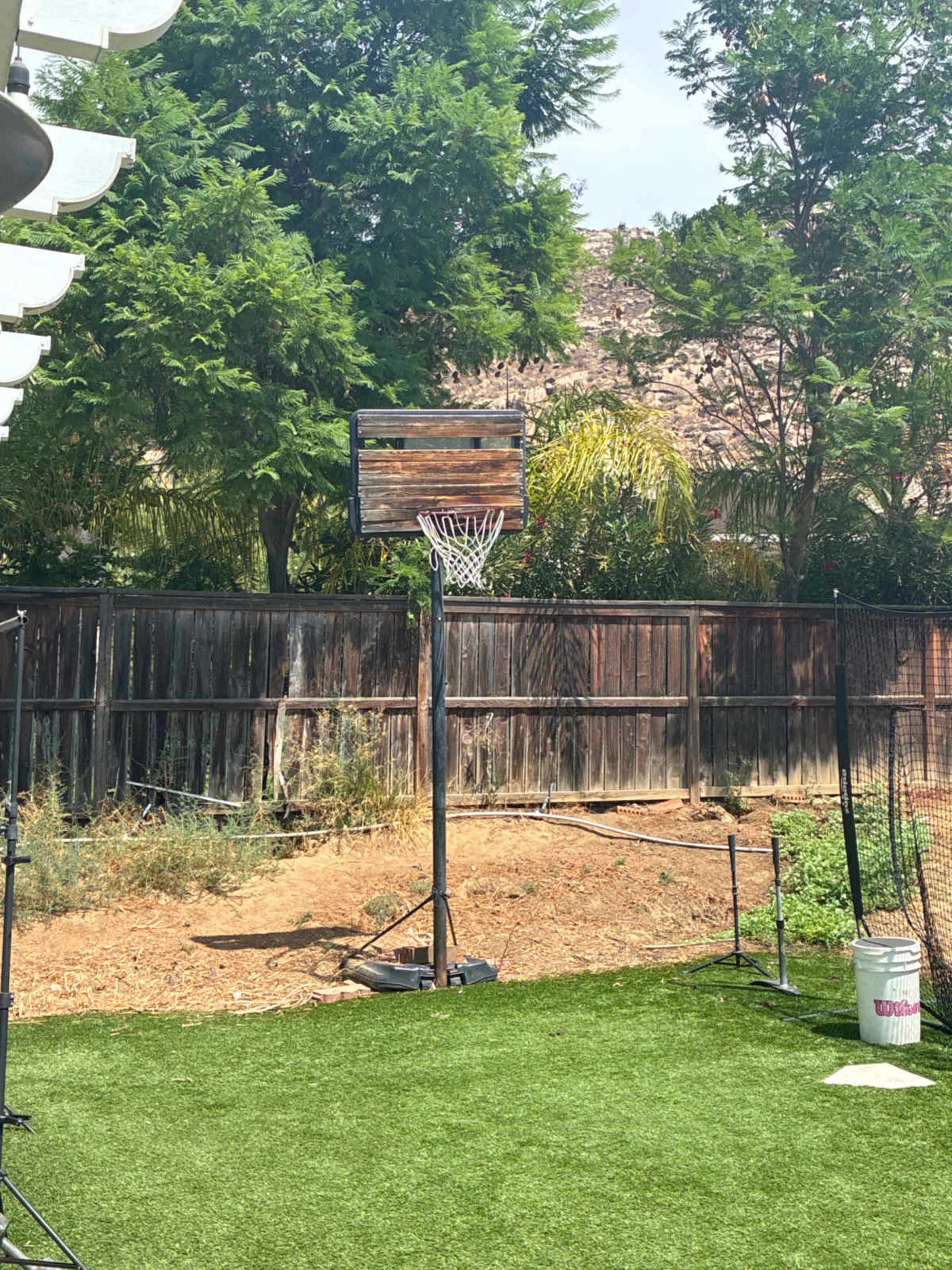 A basketball hoop stands next to a patch of artificial grass in a backyard surrounded by trees and a wooden fence.