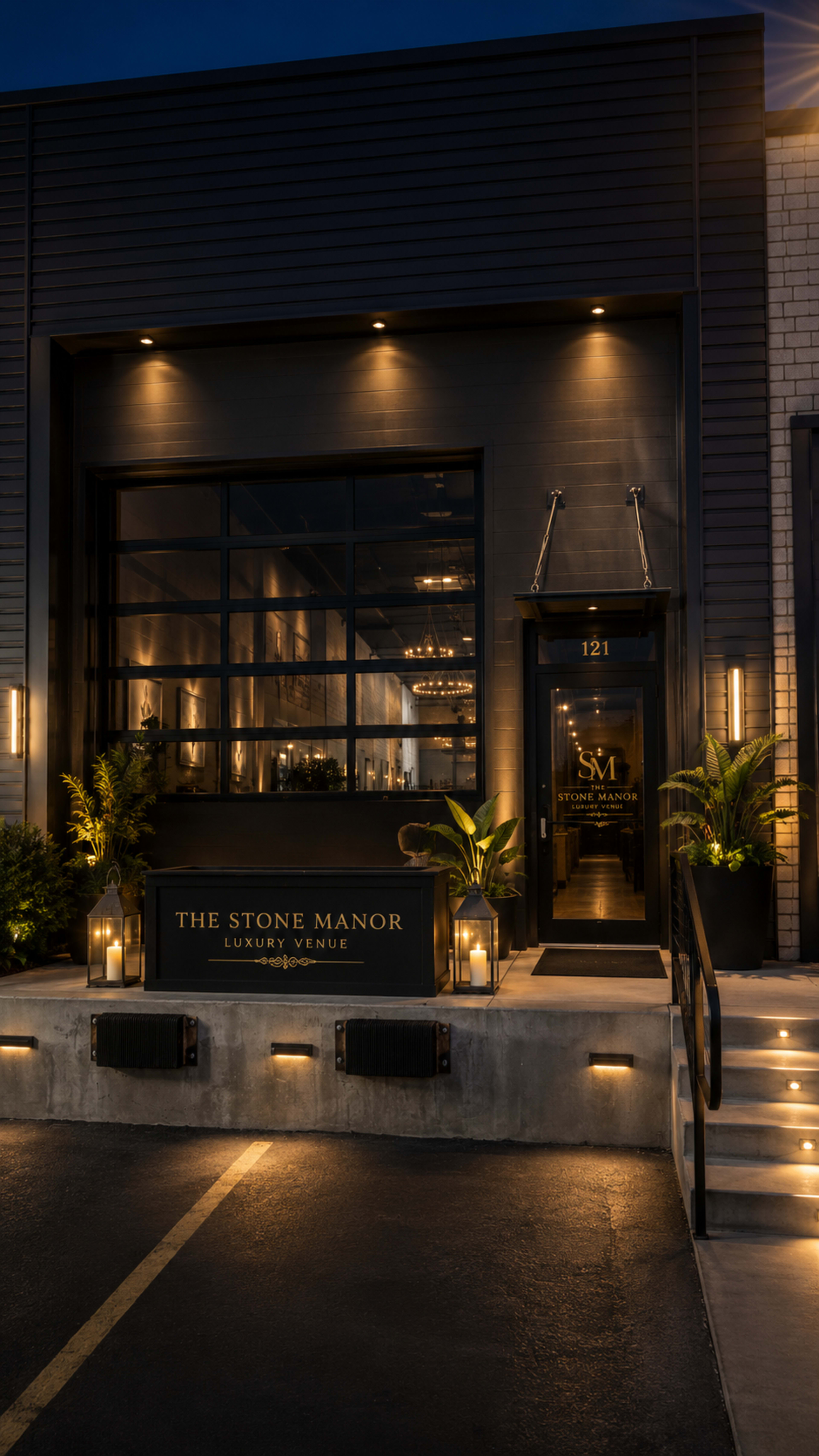 The image shows the exterior of a modern luxury venue named "The Stone Manor," with stylish outdoor lighting and decorative plants, set against a dark evening backdrop.