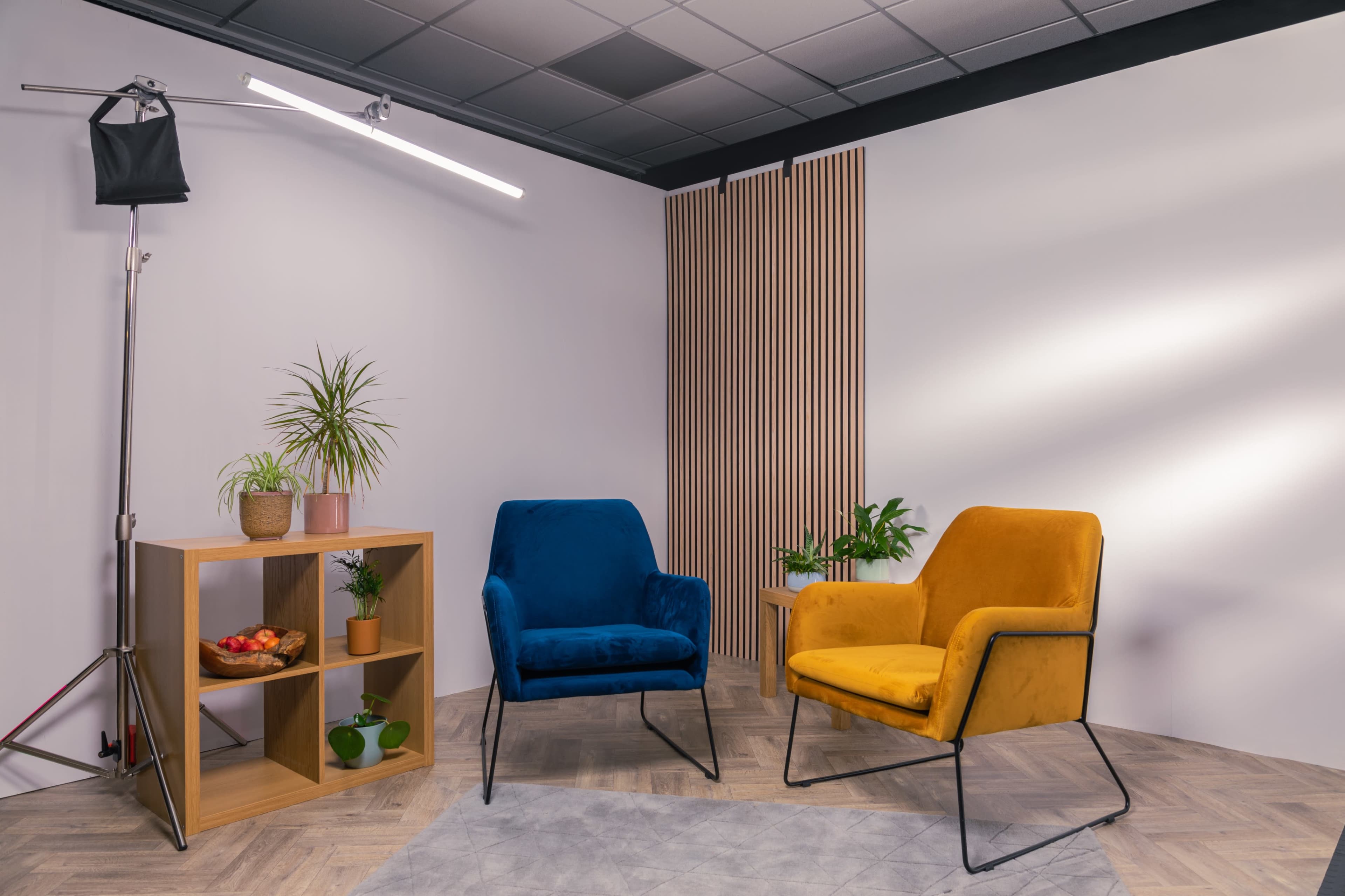 A modern interior with two chairs, one blue and one yellow, facing each other in a minimalist setting with a plant and a wooden shelf containing potted plants and fruit.