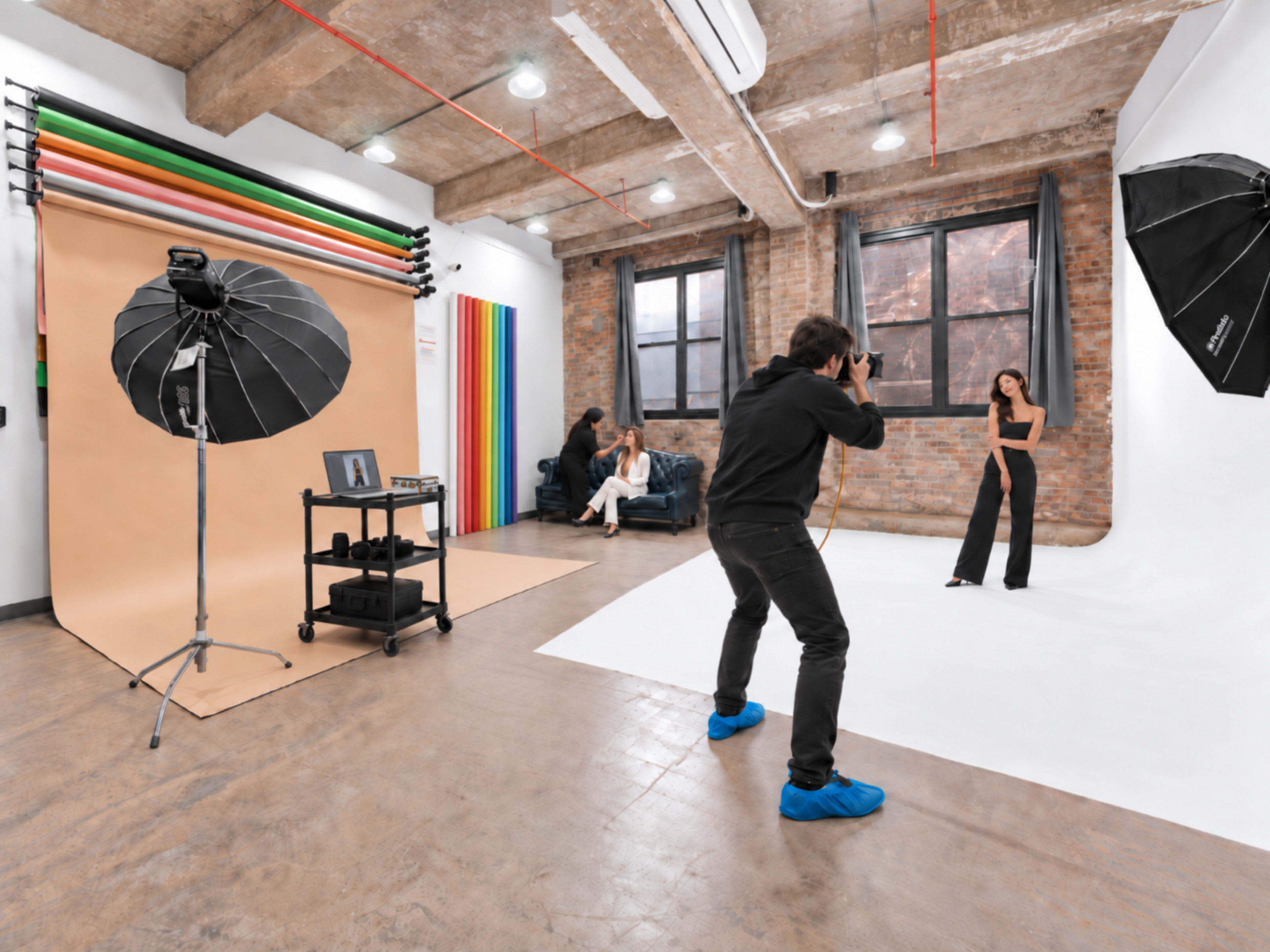A photographer captures an image of a model in a studio setting with colorful backdrops and studio lights.