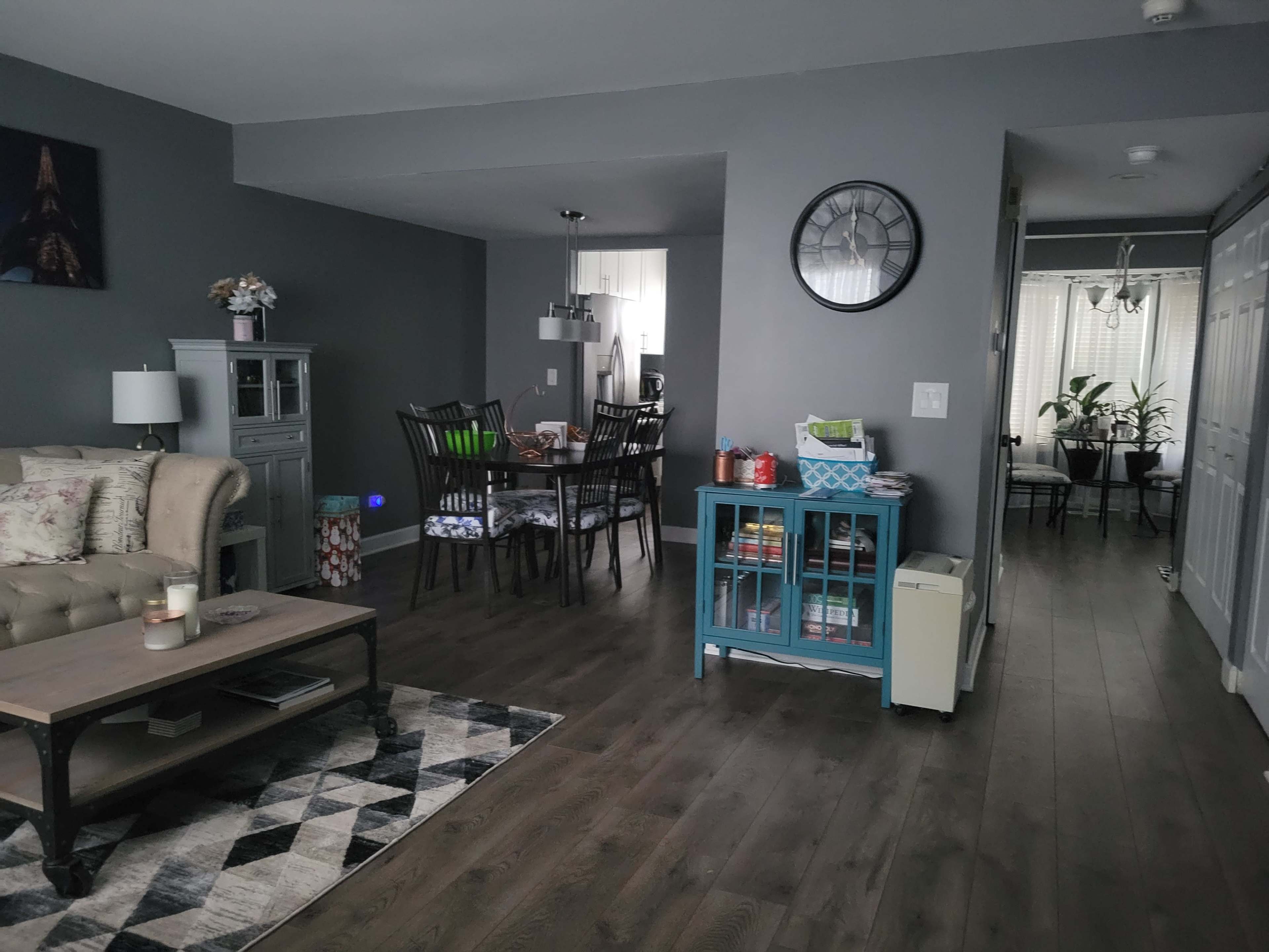 A modern living space featuring a sofa, dining area with a table and chairs, and a hallway leading to another room, all with gray walls and wooden flooring.
