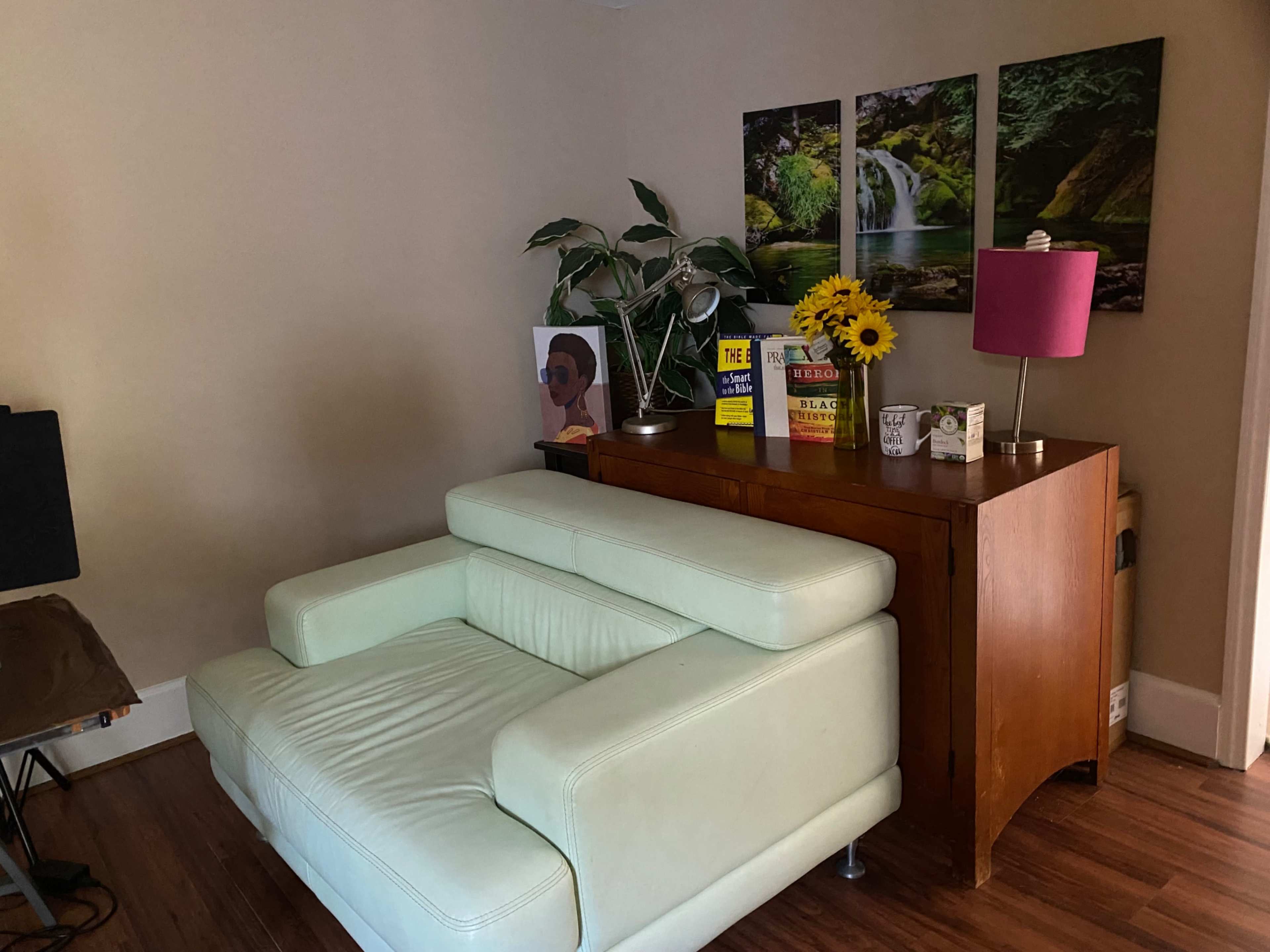 A light green sofa is placed next to a wooden cabinet adorned with books, a vase of sunflowers, and a pink lamp, against a backdrop of nature-themed artwork.