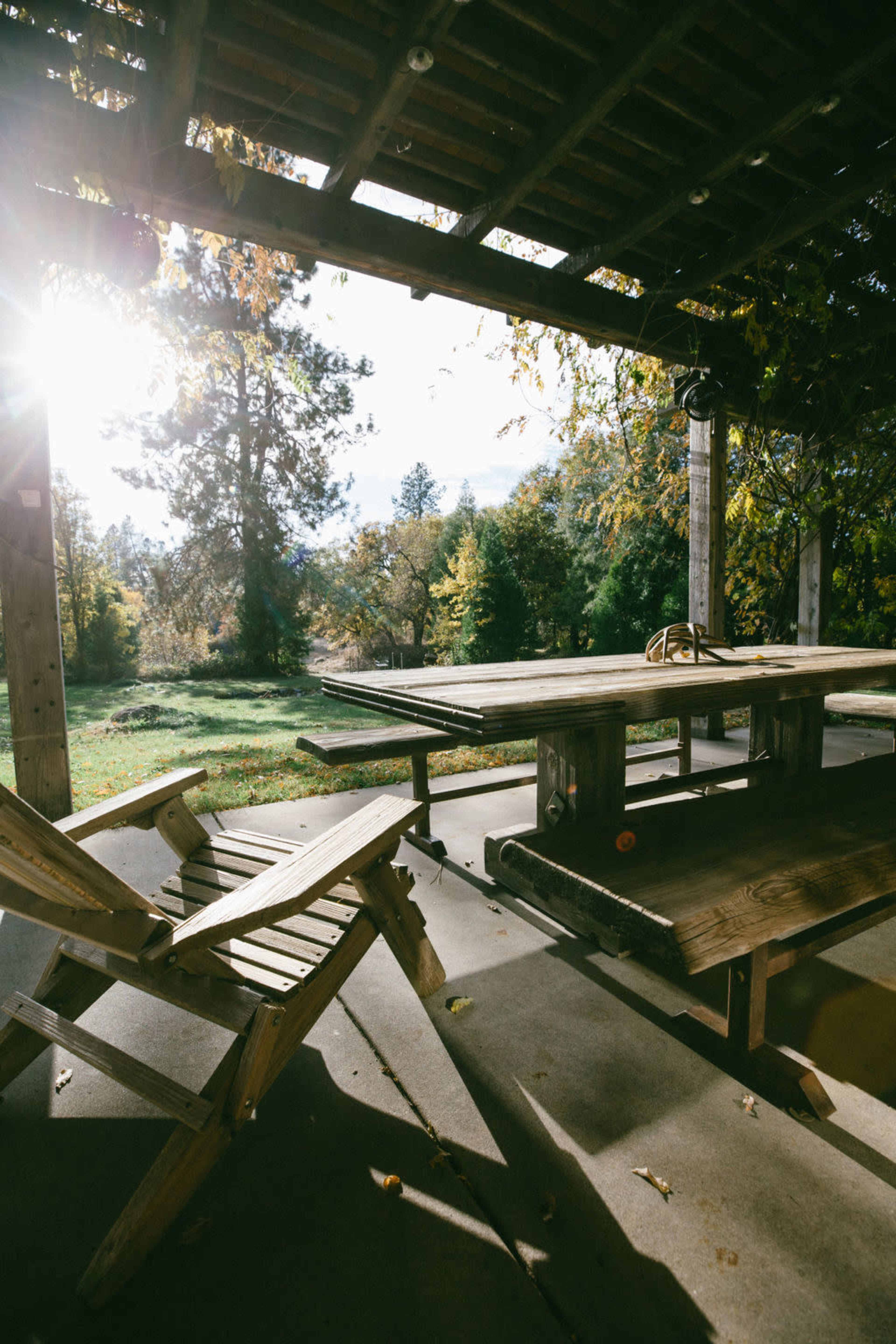 A wooden table and chairs are situated under a pergola, with sunlight streaming through the trees in a green landscape.