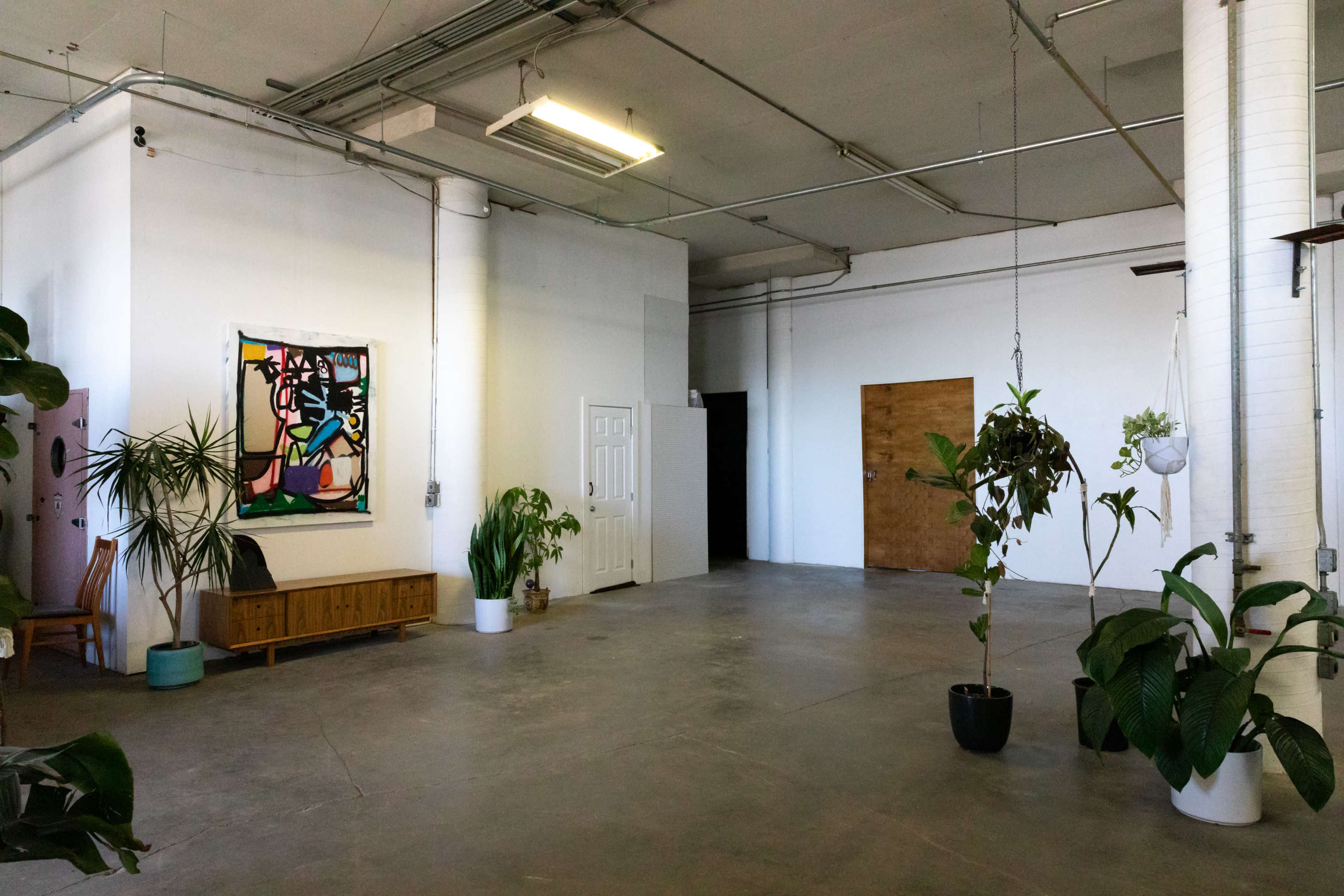 An empty, open space with concrete flooring, a large wall painting, potted plants, and two doors.