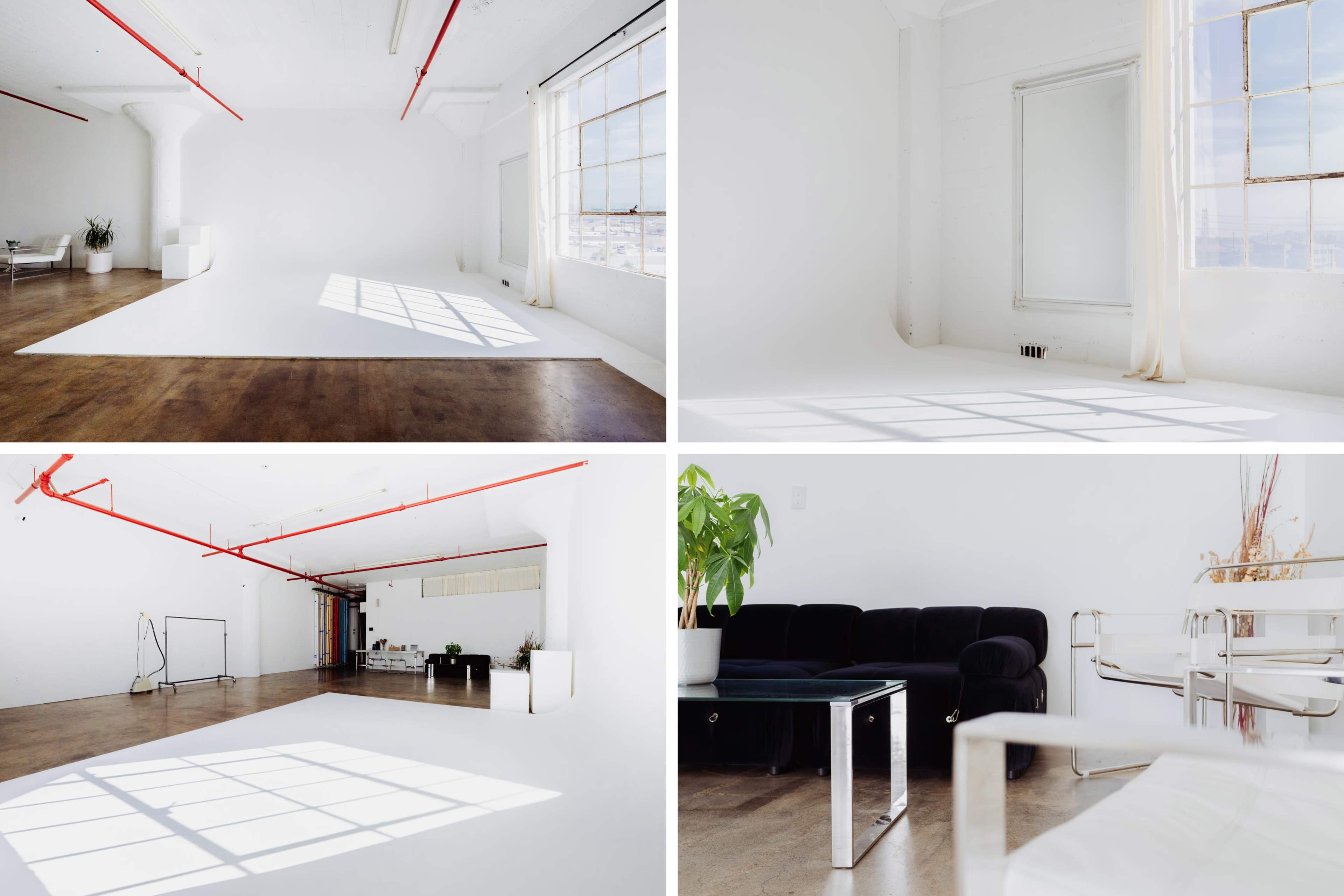The image features a bright, minimalistic studio with large windows, showcasing a white interior and wooden flooring.
