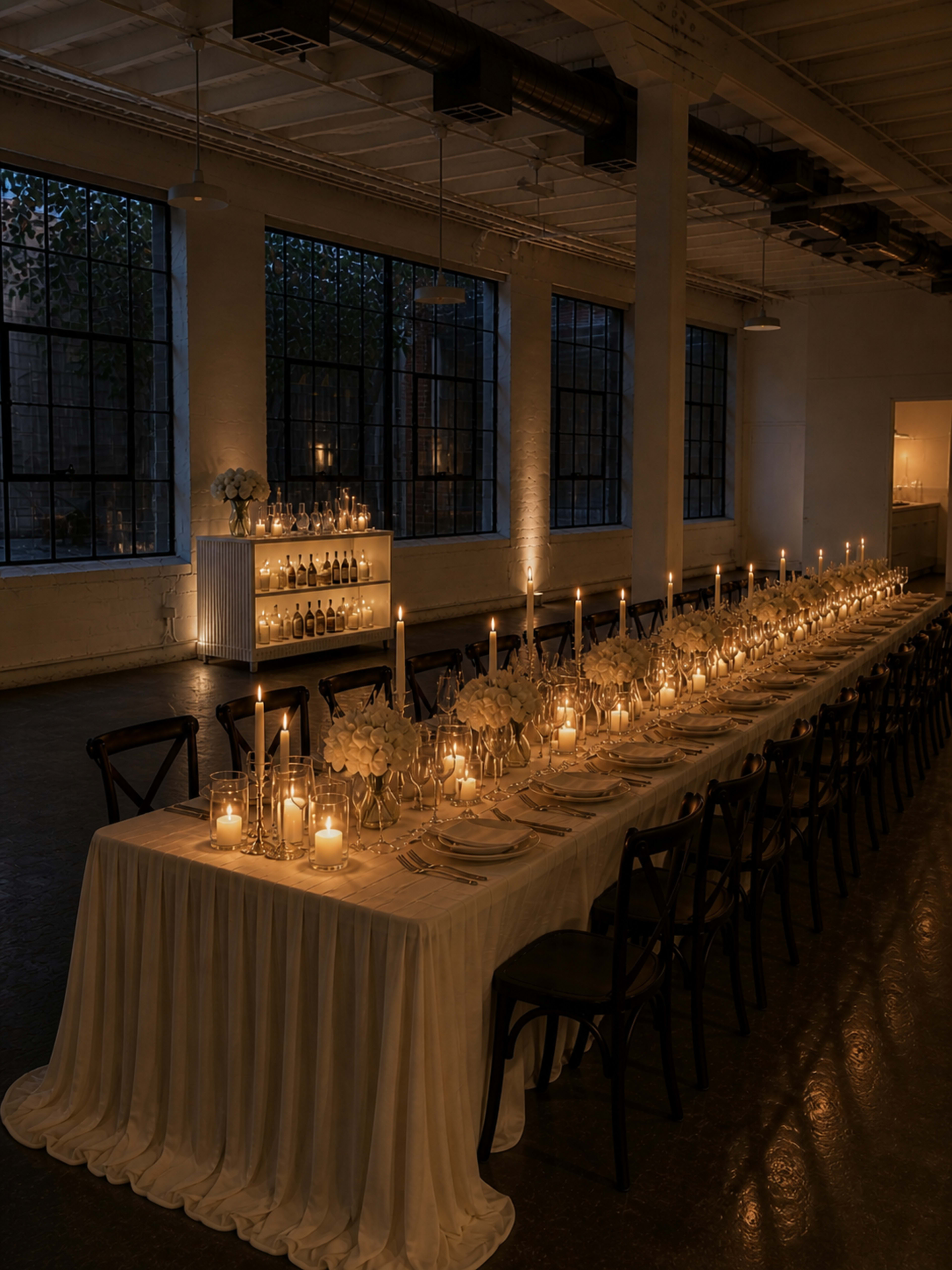 A long dining table is elegantly set with candles and floral centerpieces in a dimly lit room with large windows.