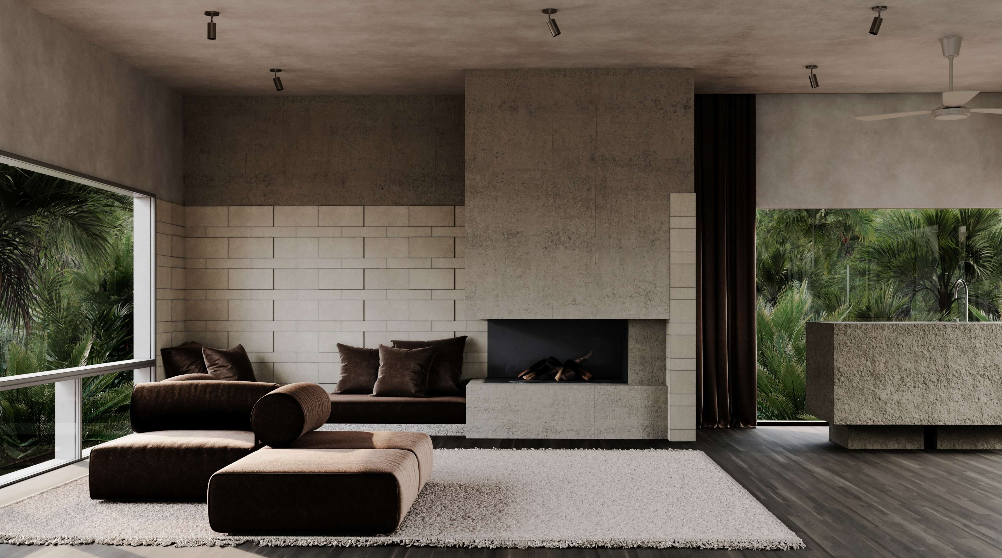 The image shows a modern living room with a concrete fireplace, a brown sectional sofa, and large windows offering a view of greenery outside.