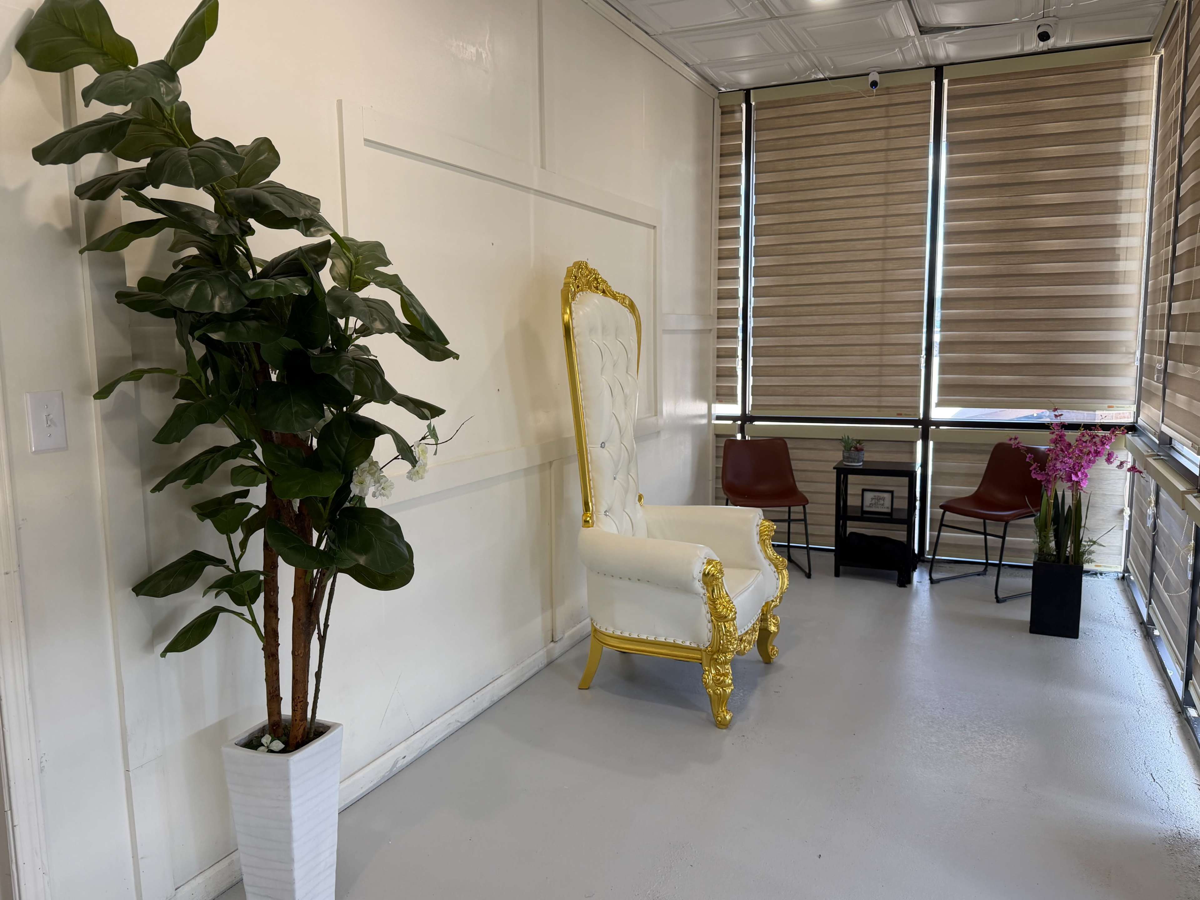 The image shows a bright room featuring a large white and gold throne-like chair beside a potted plant, with two brown chairs and a small table in the background.