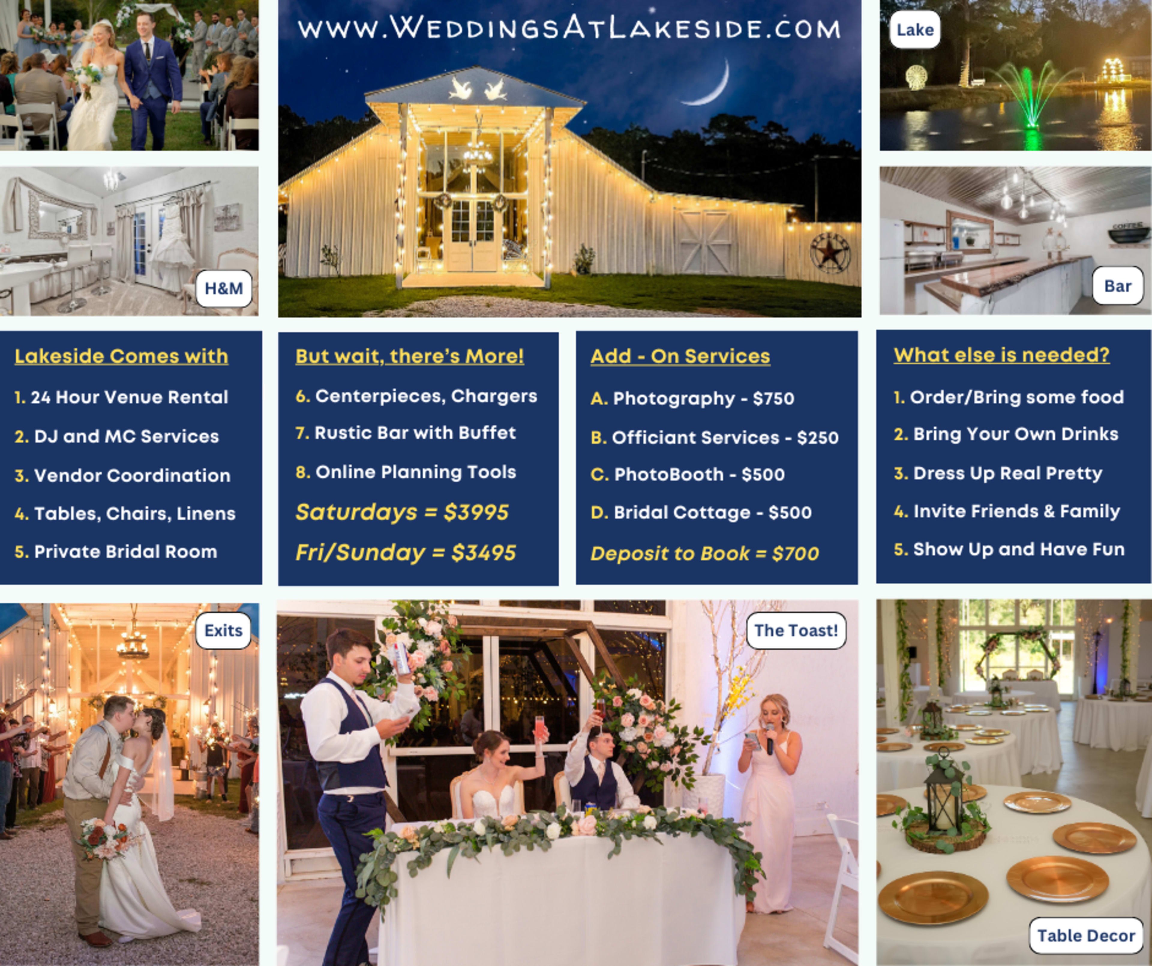 The image showcases a wedding venue offering various rental services, along with pricing details for packages and additional services, set against a scenic lakeside backdrop.