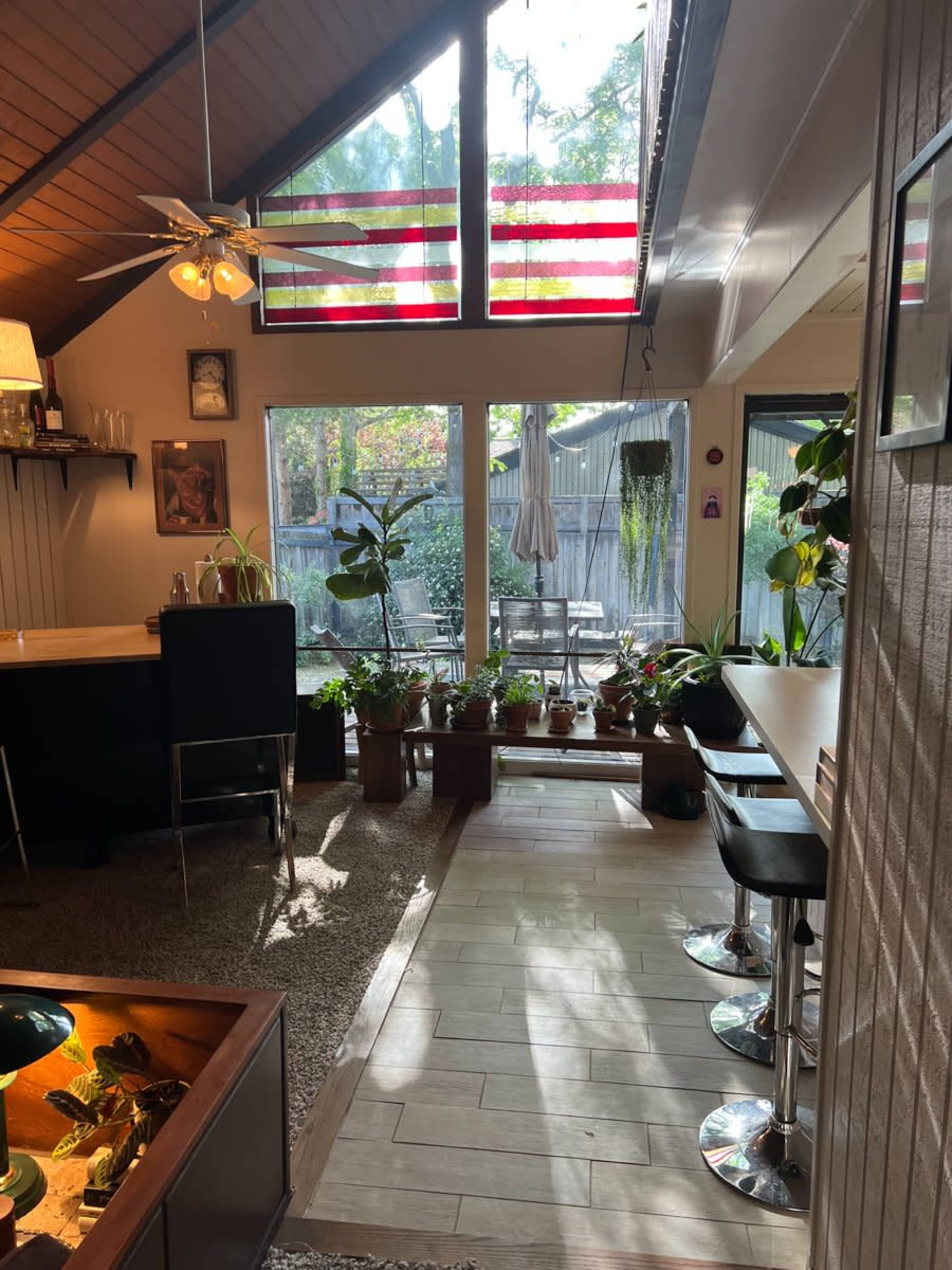 A cozy interior with a dark wood ceiling, large windows letting in natural light, and various potted plants arranged near an open patio door.