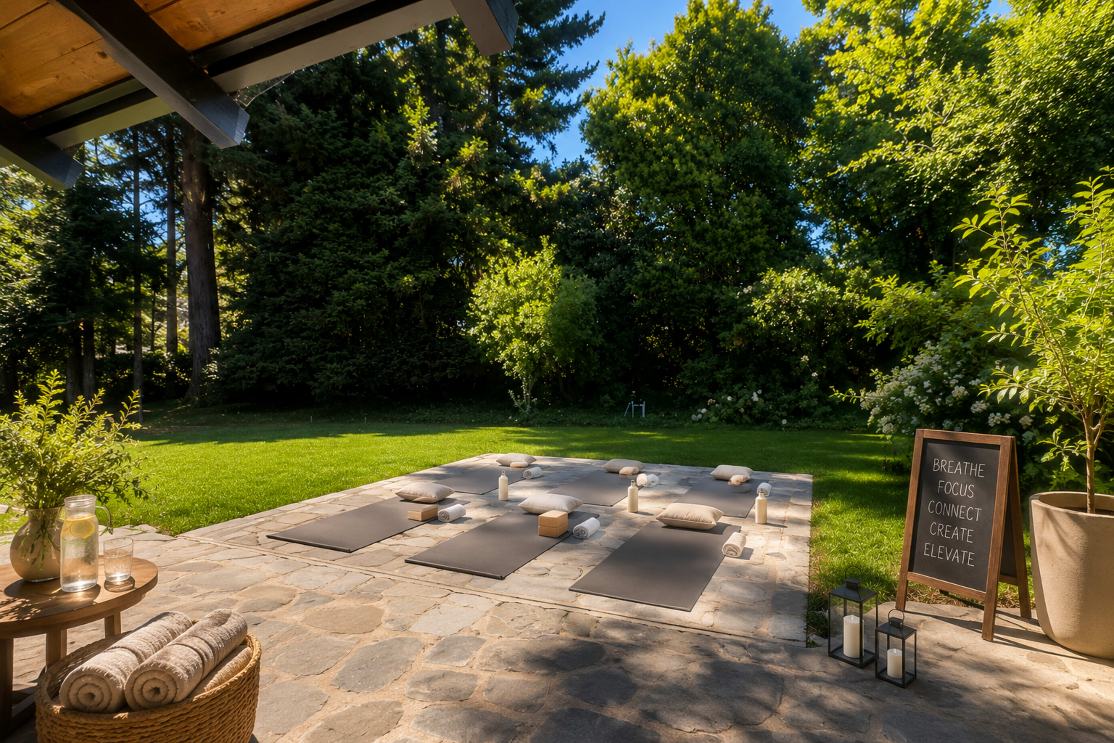 The image shows a peaceful outdoor yoga space featuring several yoga mats arranged on a stone patio surrounded by greenery, with a sign displaying the words “BREATHE FOCUS CONNECT CREATE ELEVATE.”