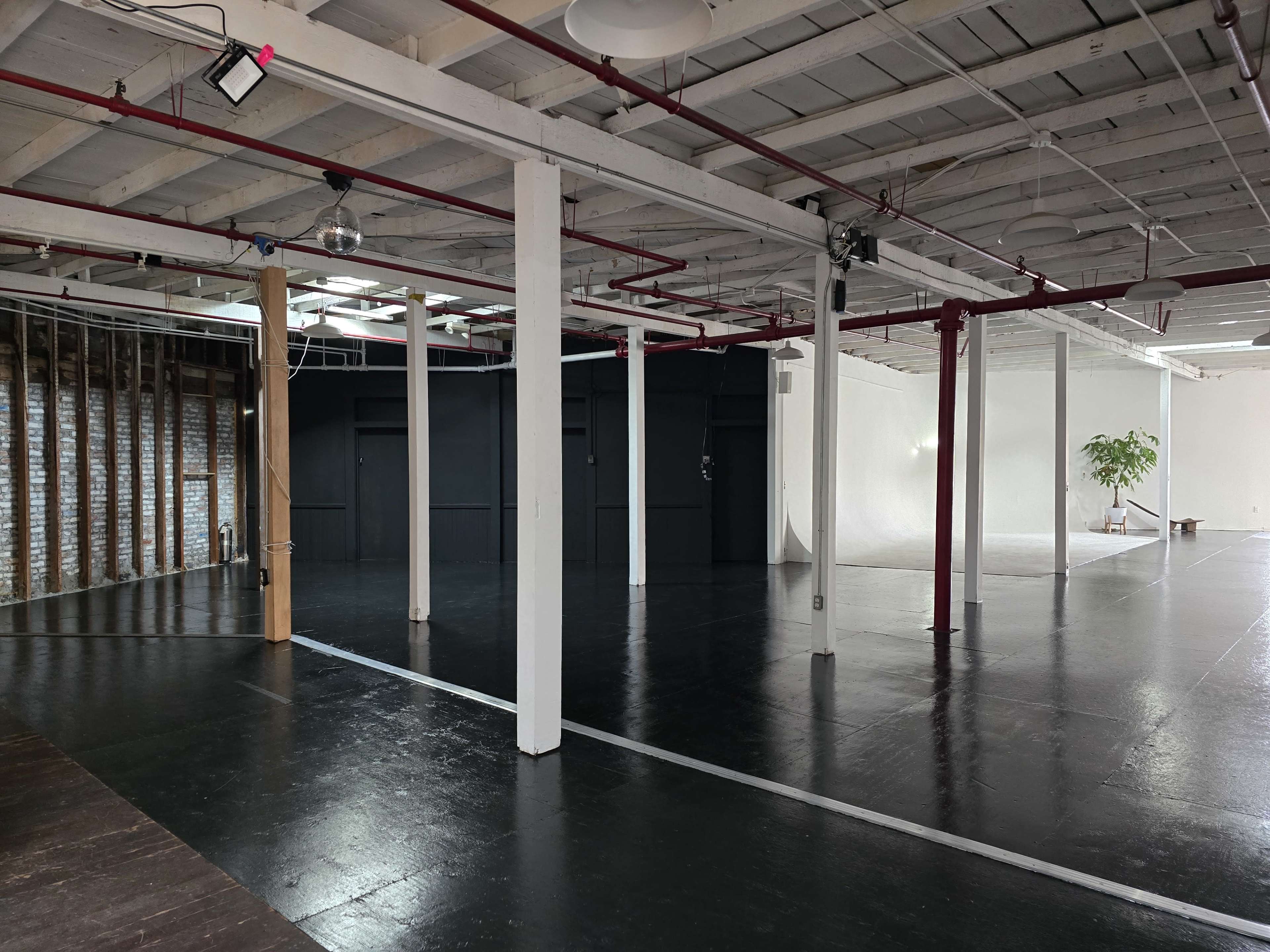 A spacious, well-lit interior with exposed ceiling beams, polished black flooring, and a few structural columns, featuring a potted plant in one corner.
