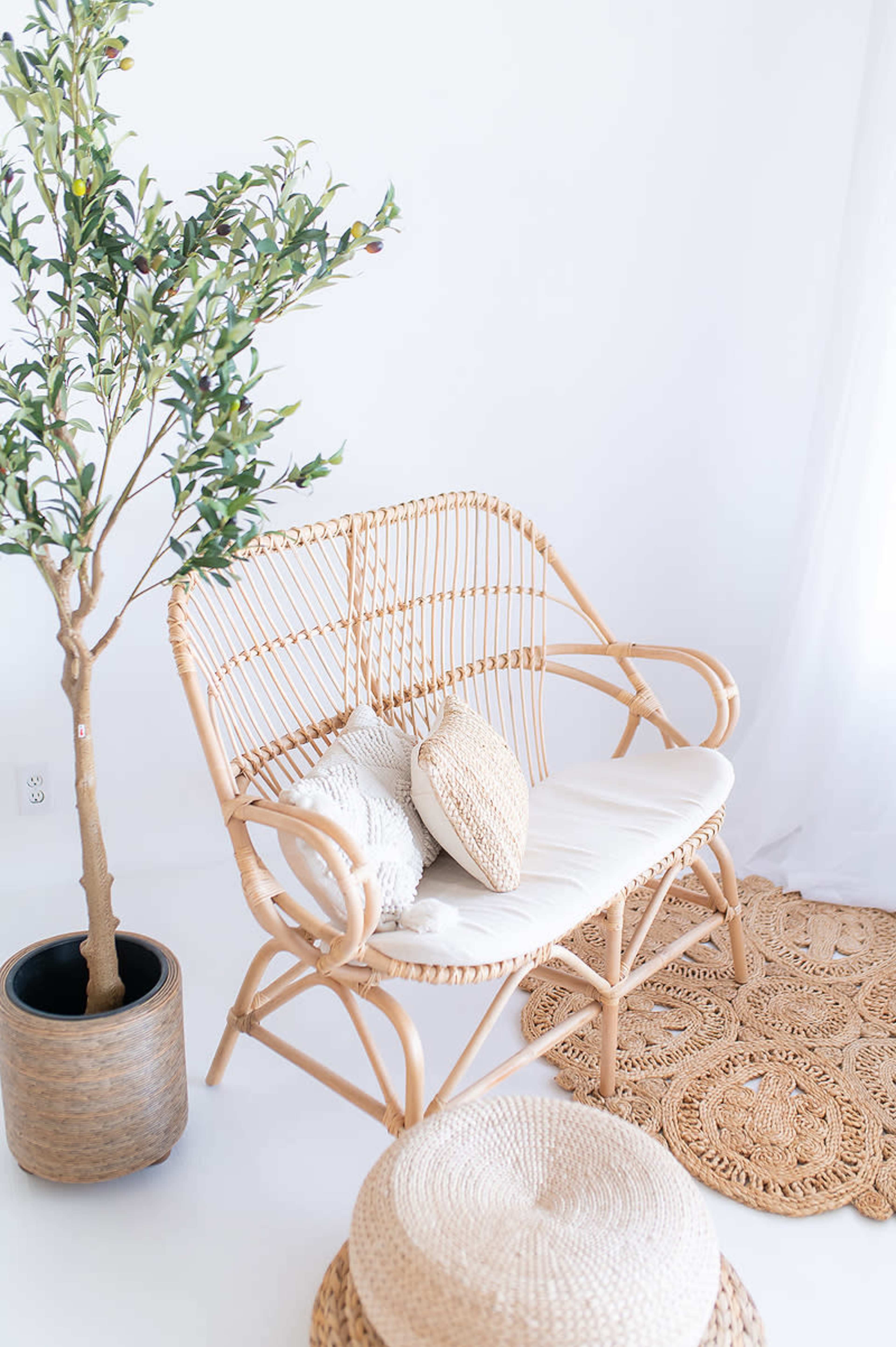 A rattan loveseat with cushions is paired with a decorative woven pouf and a small potted tree, arranged on a light-colored area rug in a bright space.