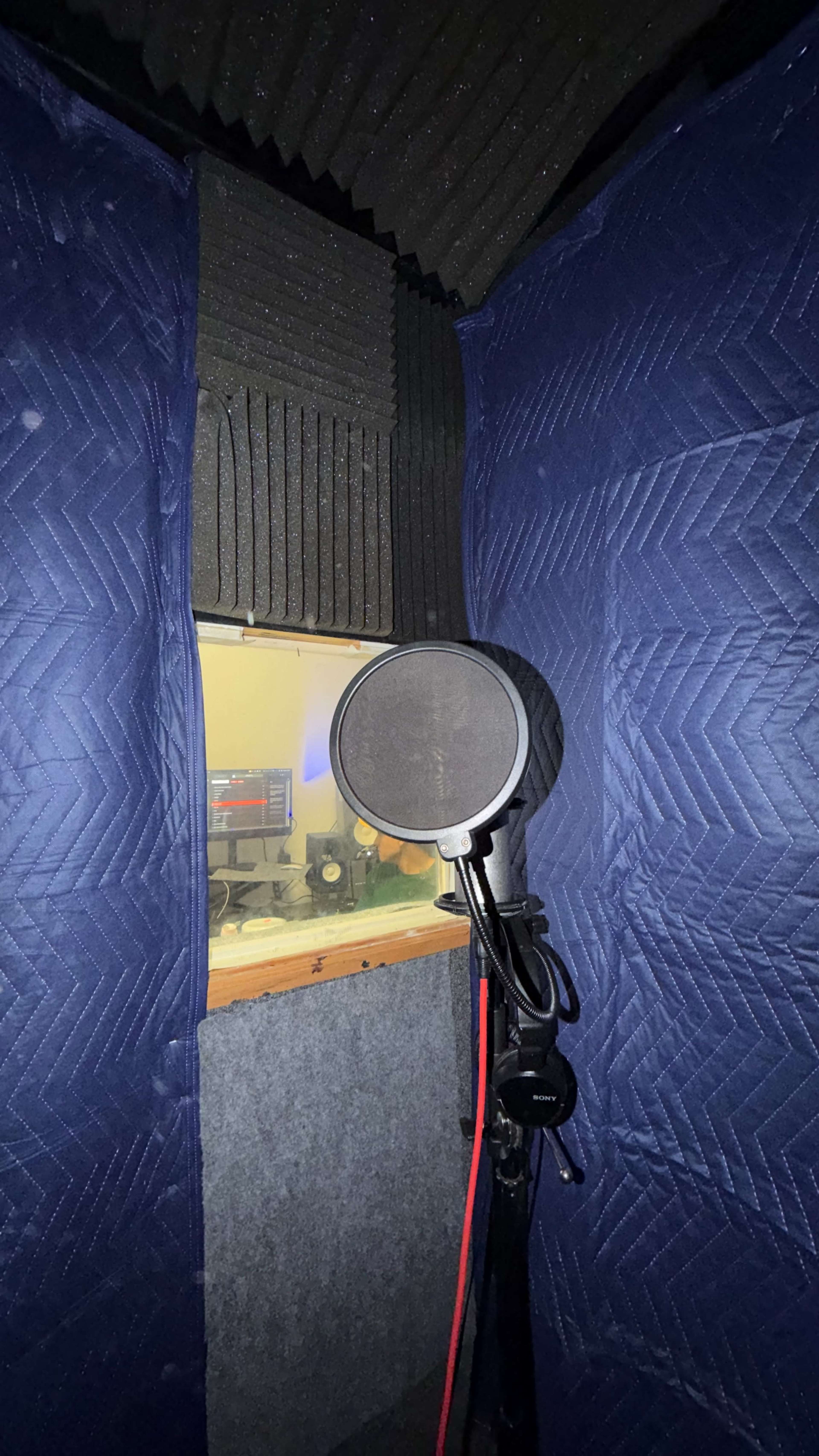 The image shows a microphone in a soundproof booth, surrounded by acoustic panels and a visible recording equipment setup in the background.