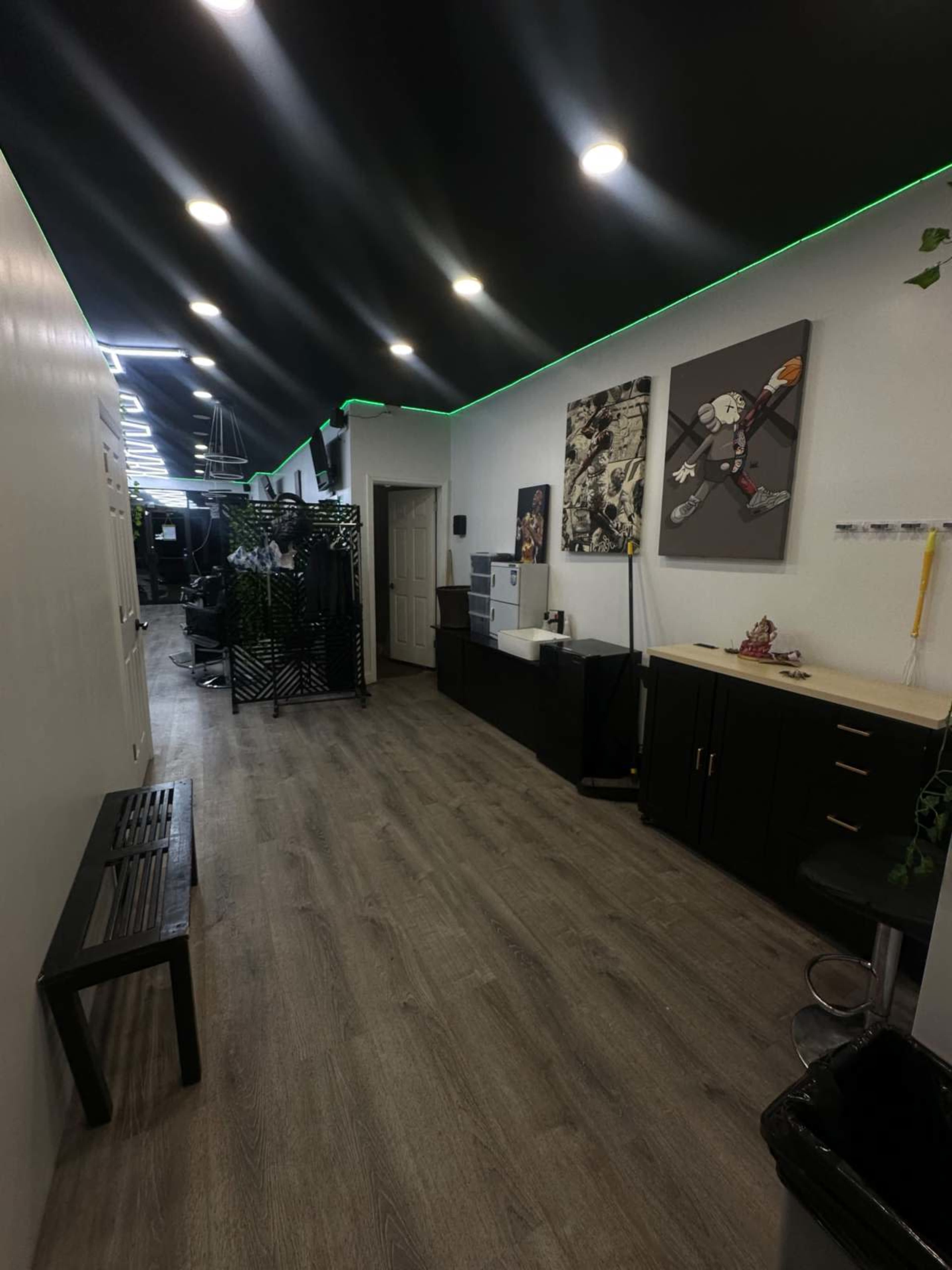 The image shows a narrow hallway in a modern interior with green LED lighting, featuring artwork on the walls, a door, and various furniture items along the sides.