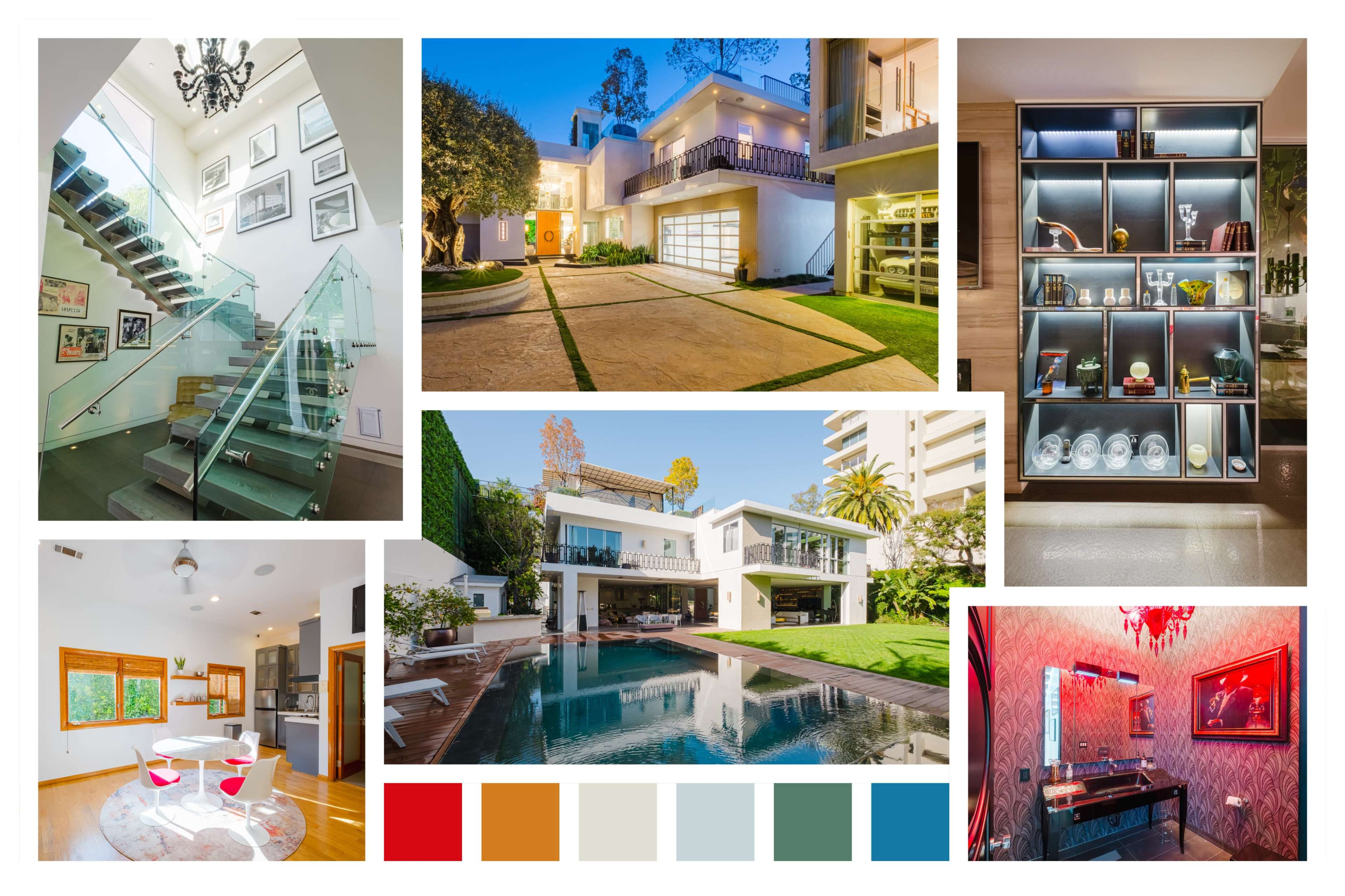 A collage of various interior and exterior shots of a modern house, showcasing elements like a glass staircase, a landscaped front yard, a swimming pool, and stylish interior displays.