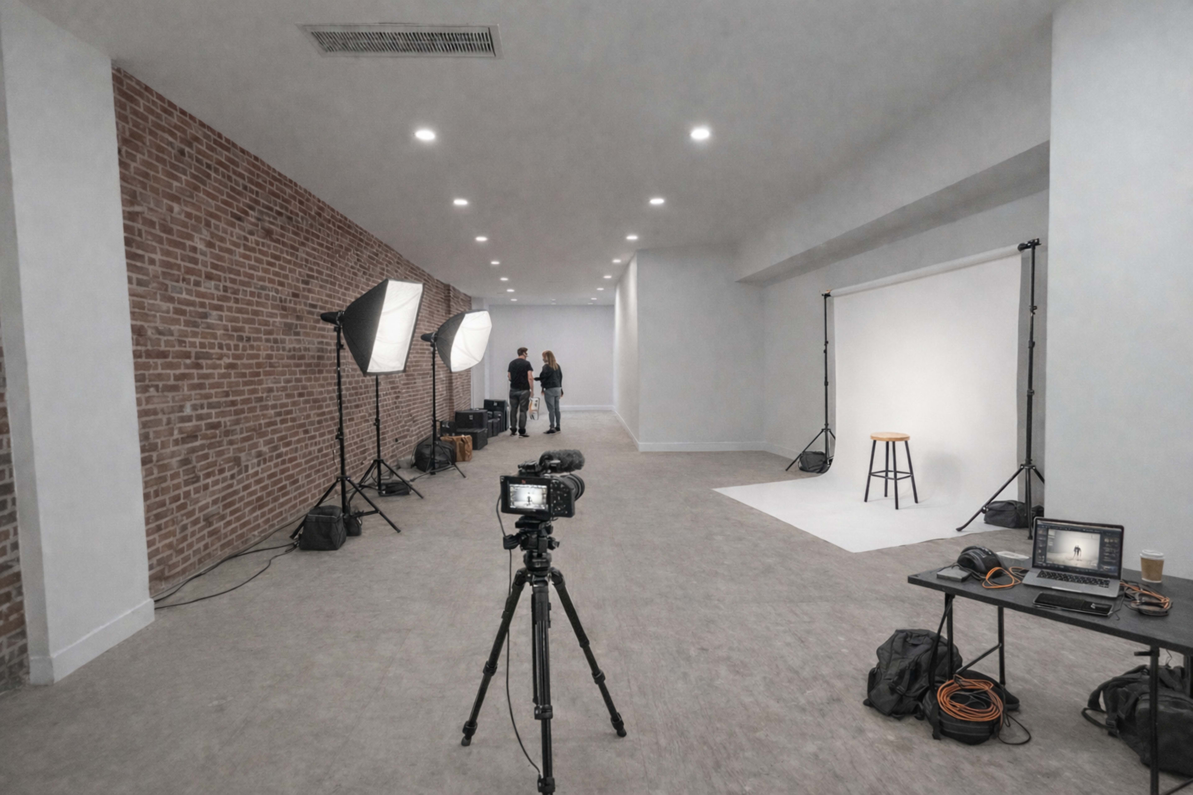The image shows a photography studio with two softbox lights, a camera on a tripod, and a backdrop setup at one end of a long, narrow room.