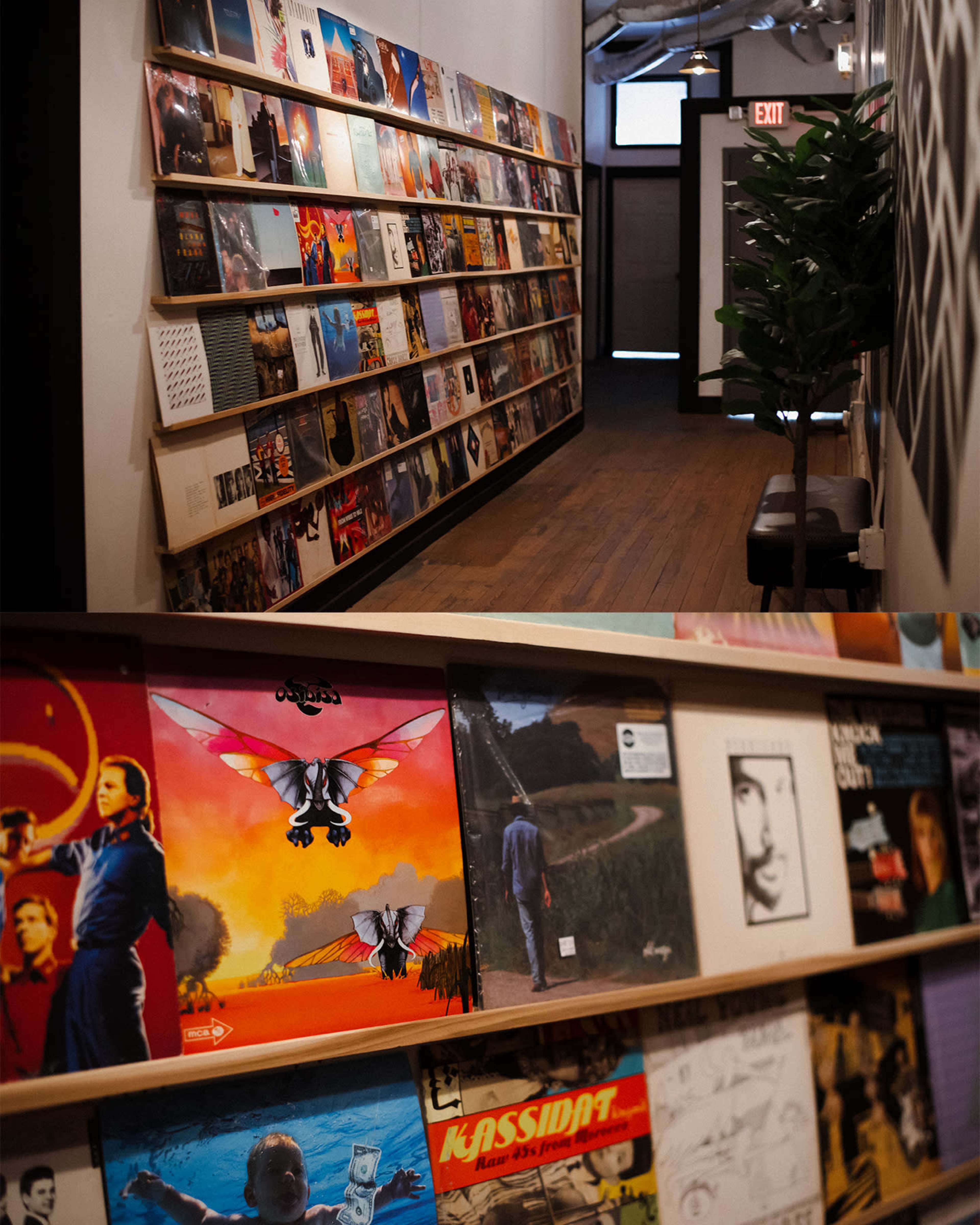 The image shows a narrow hallway lined with wooden shelves displaying a variety of vinyl records.