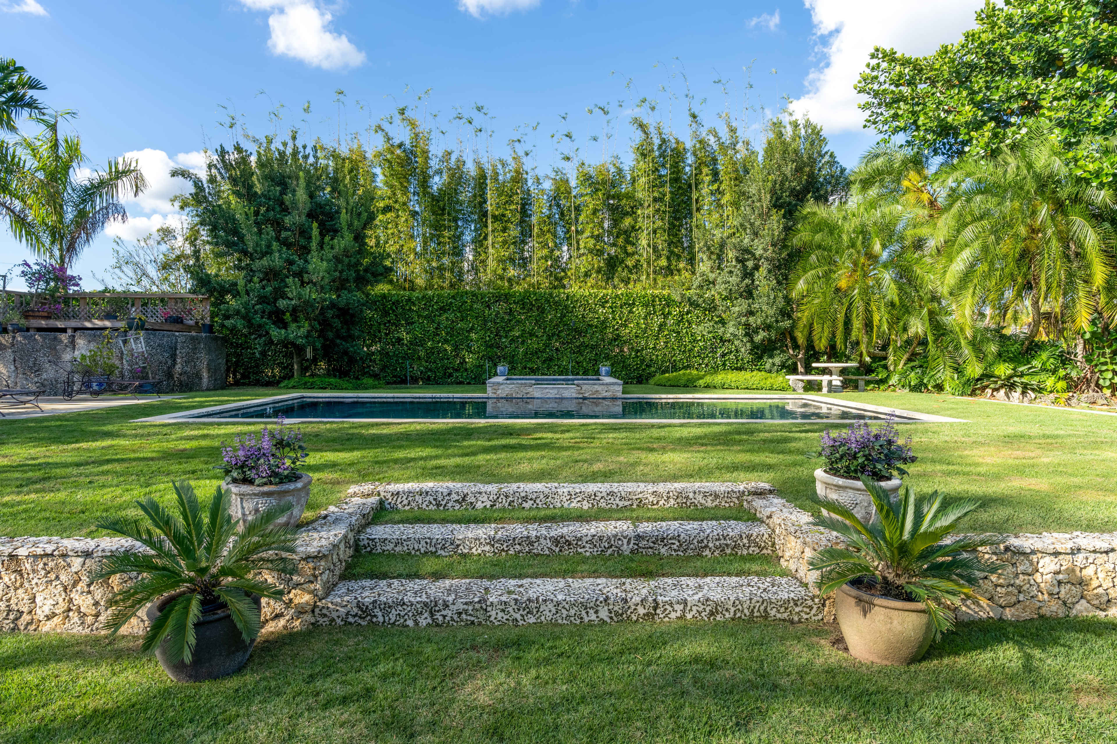 A landscaped backyard featuring a swimming pool, stone steps, and lush greenery with bamboo in the background.