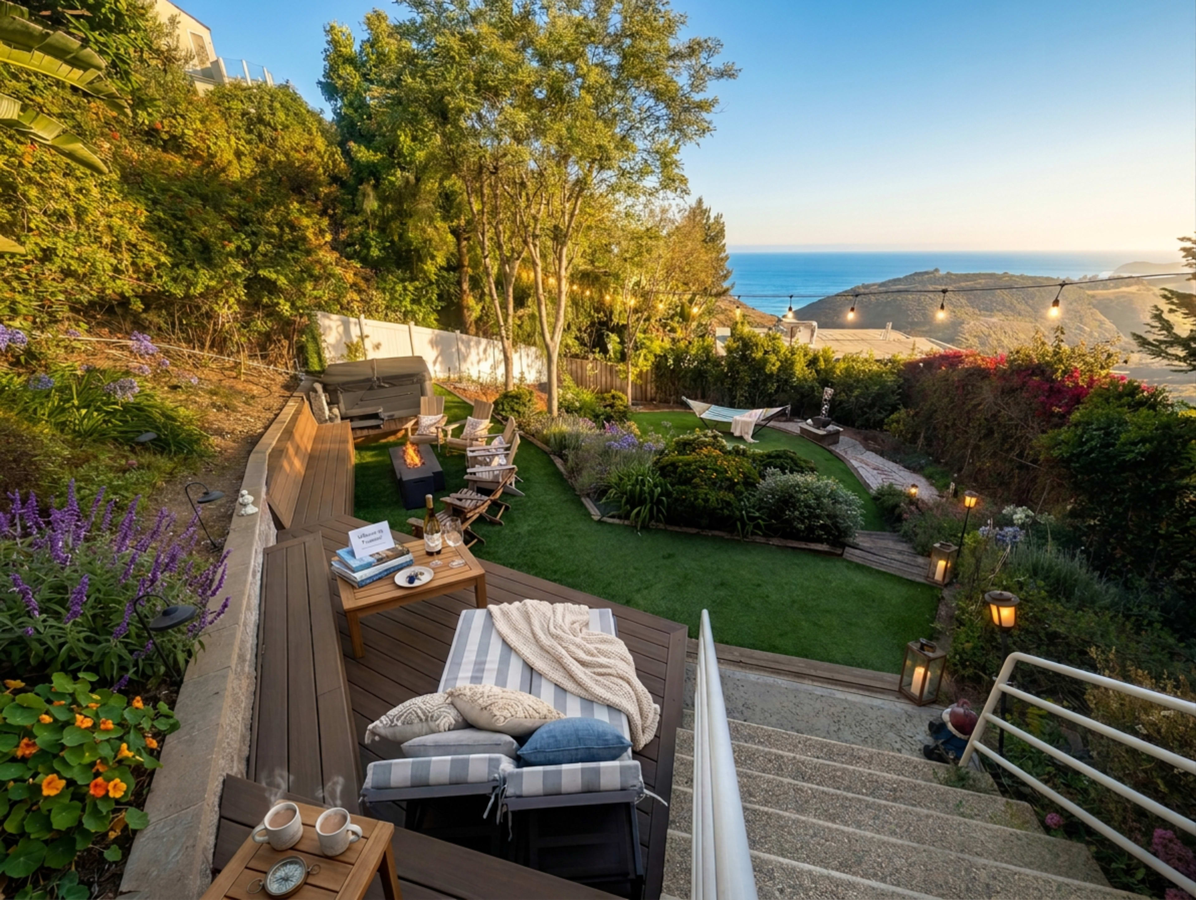 The image shows a landscaped garden with seating areas, greenery, and a view of the ocean in the distance.