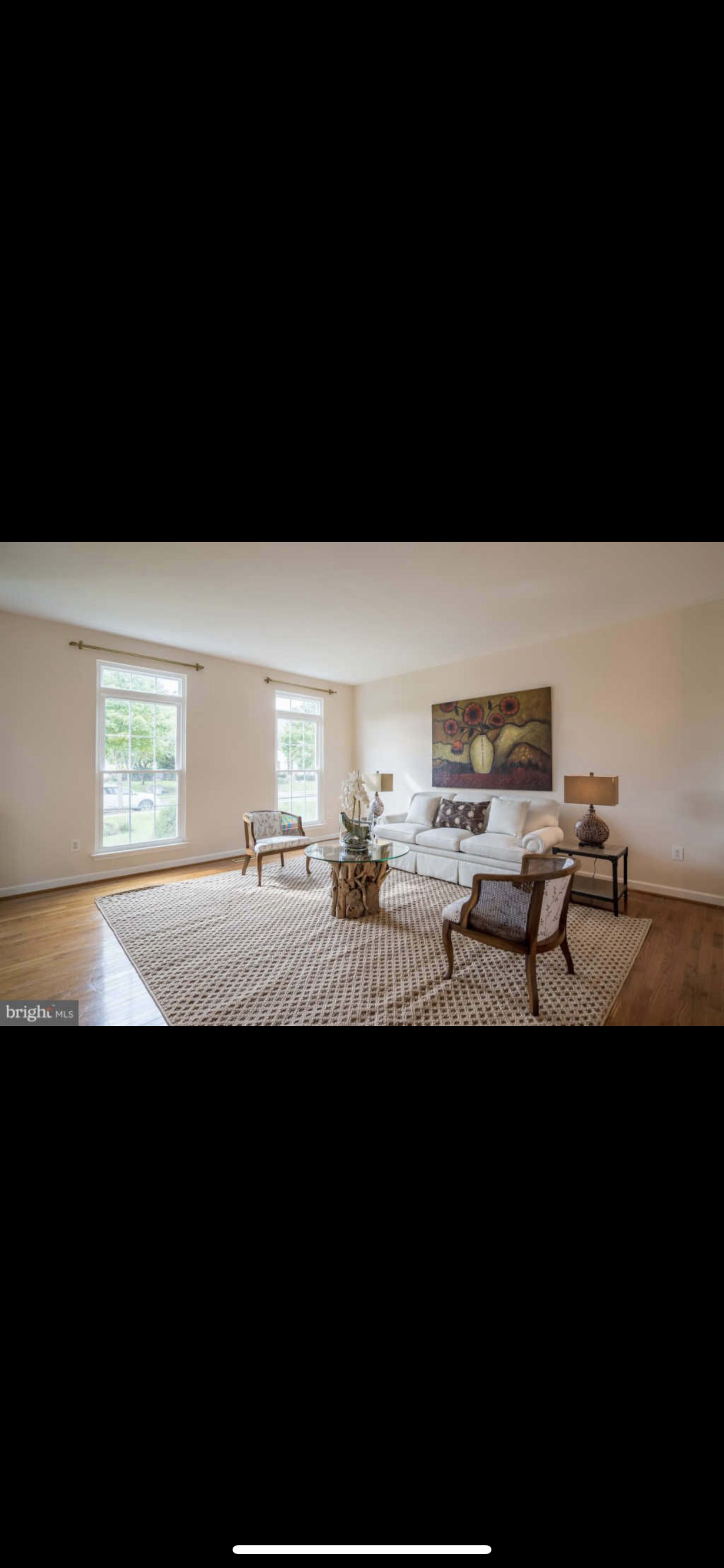 A minimalist living room featuring a white sofa, two wooden chairs, a large area rug, and a central coffee table with a plant, illuminated by natural light from two windows.