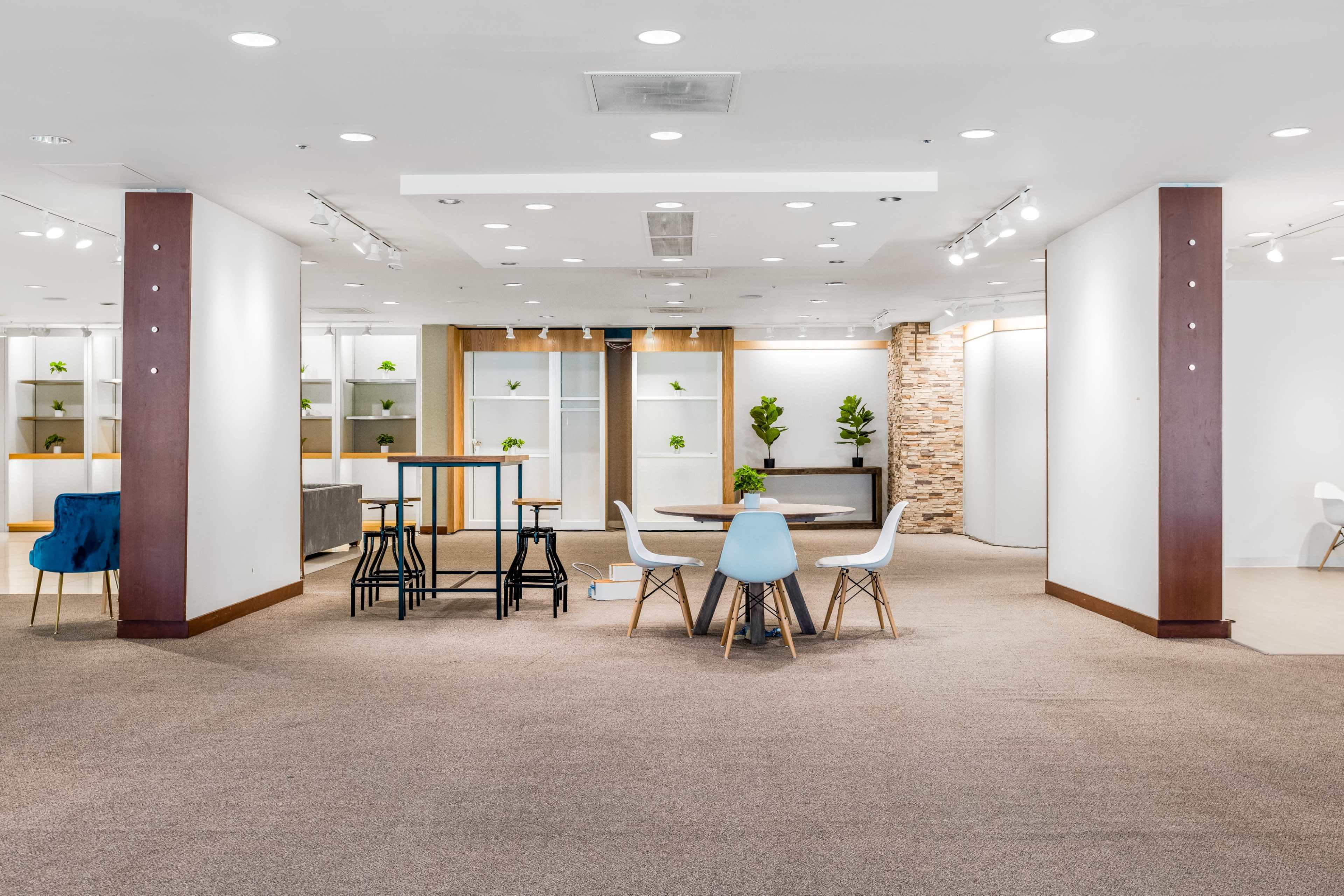 A spacious, well-lit interior of a modern lounge or showroom with minimalist furniture and green plants on display shelves.