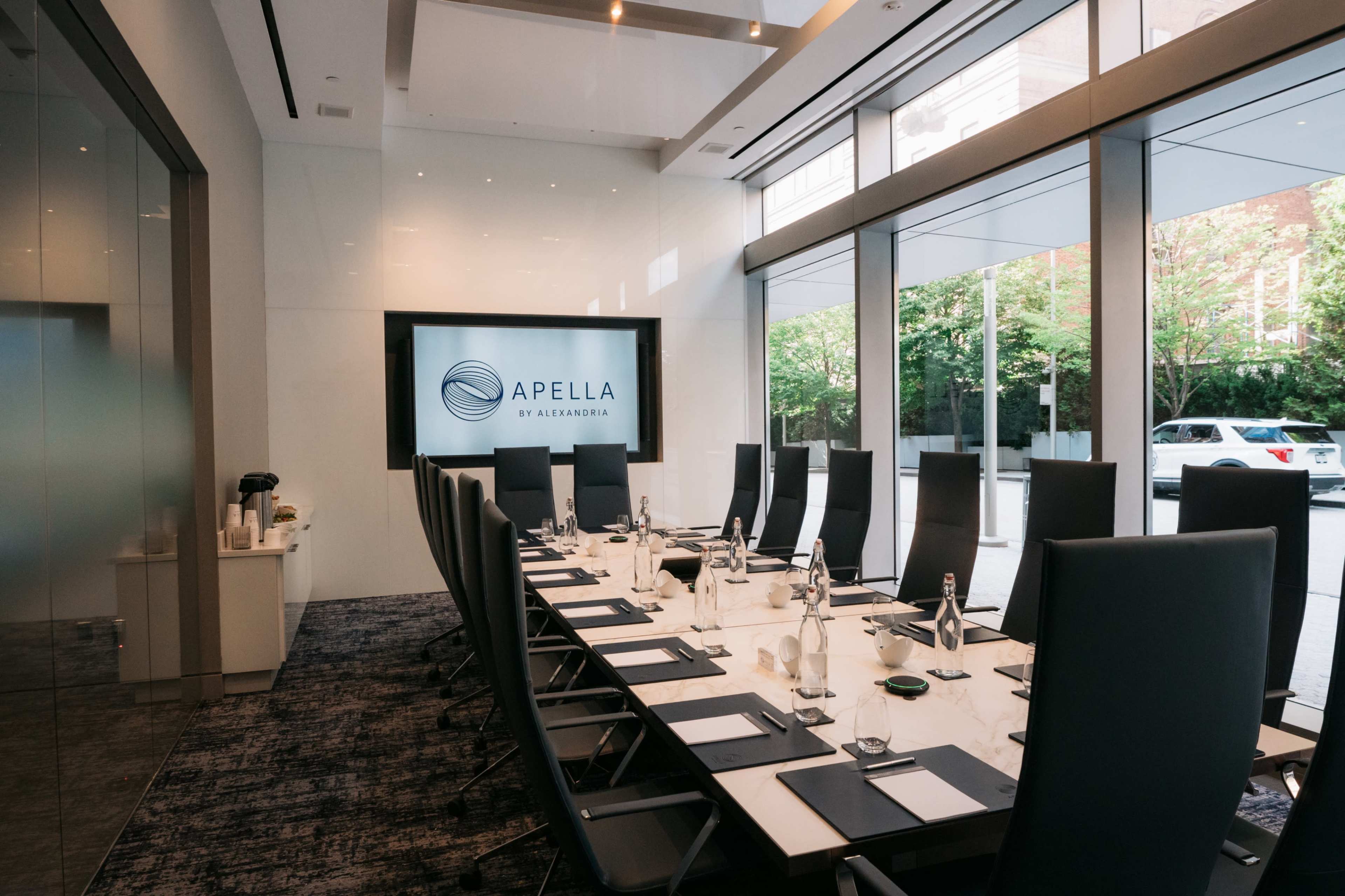 A modern conference room features a long table surrounded by high-backed chairs, with a large screen displaying the logo "APELLA" on one wall.