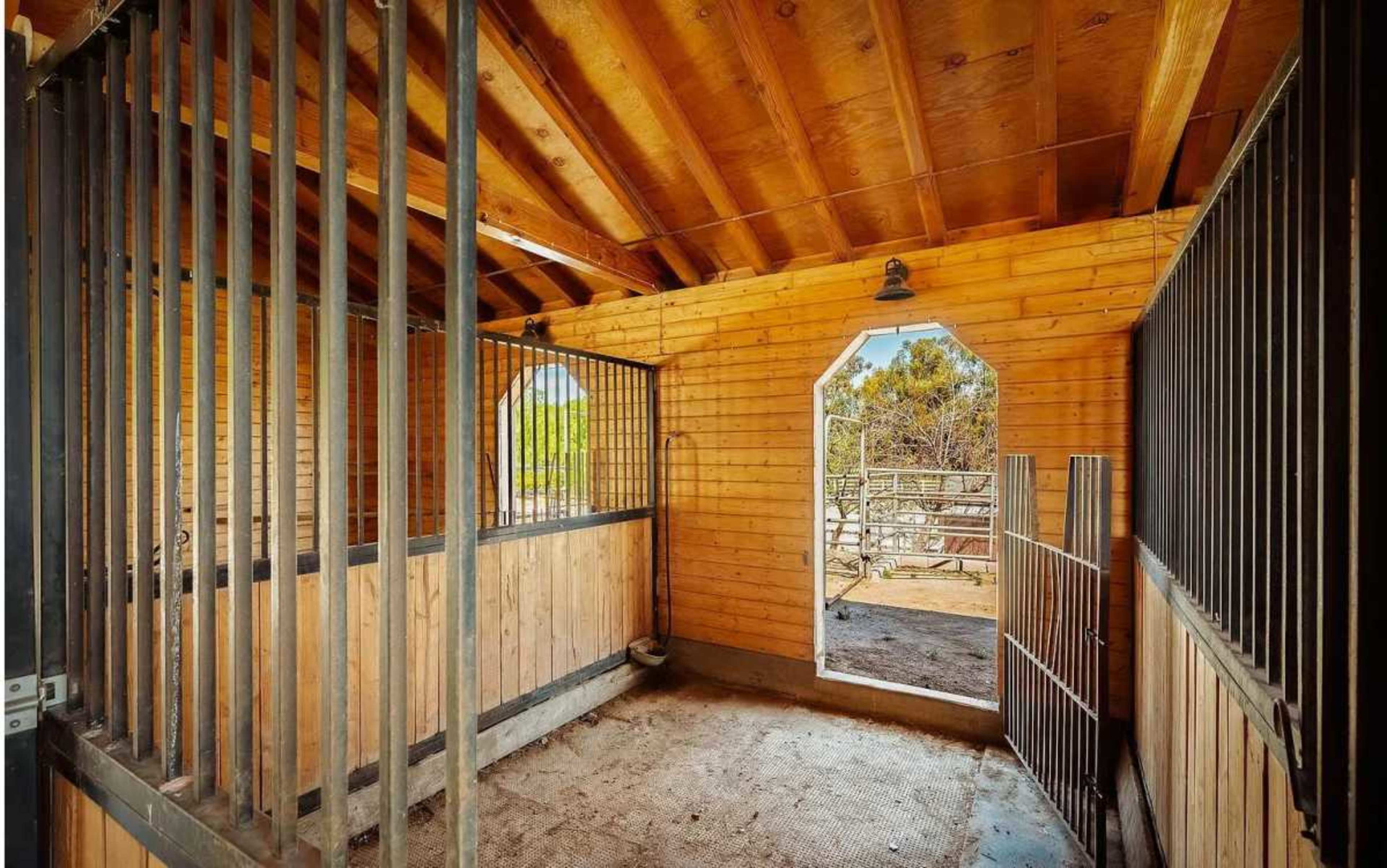 The image features an interior view of a wooden stable with two stalls separated by metal bars and an arched doorway leading to an outdoor area.