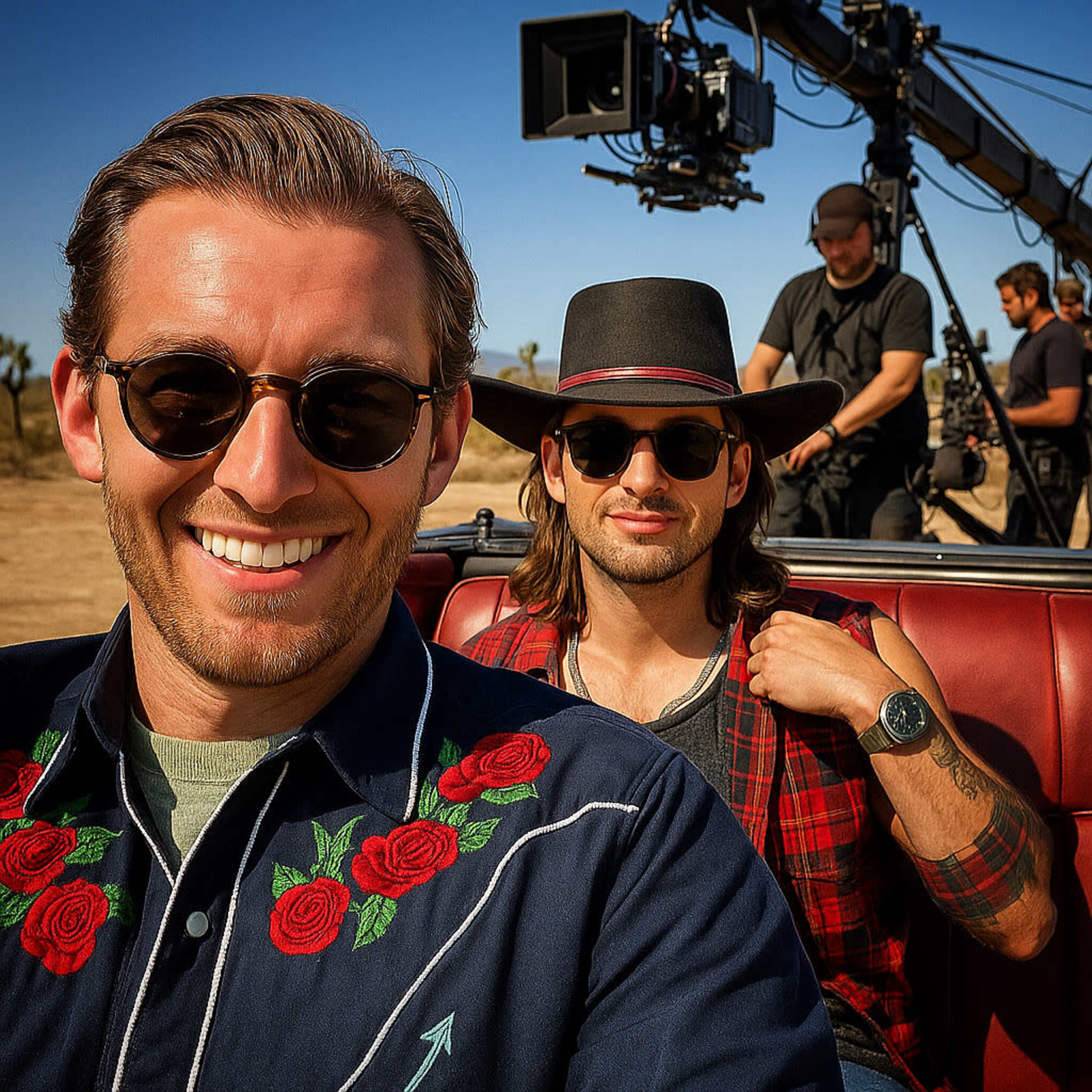Two men smile for the camera while seated in a vintage car, with a film crew visible in the background.