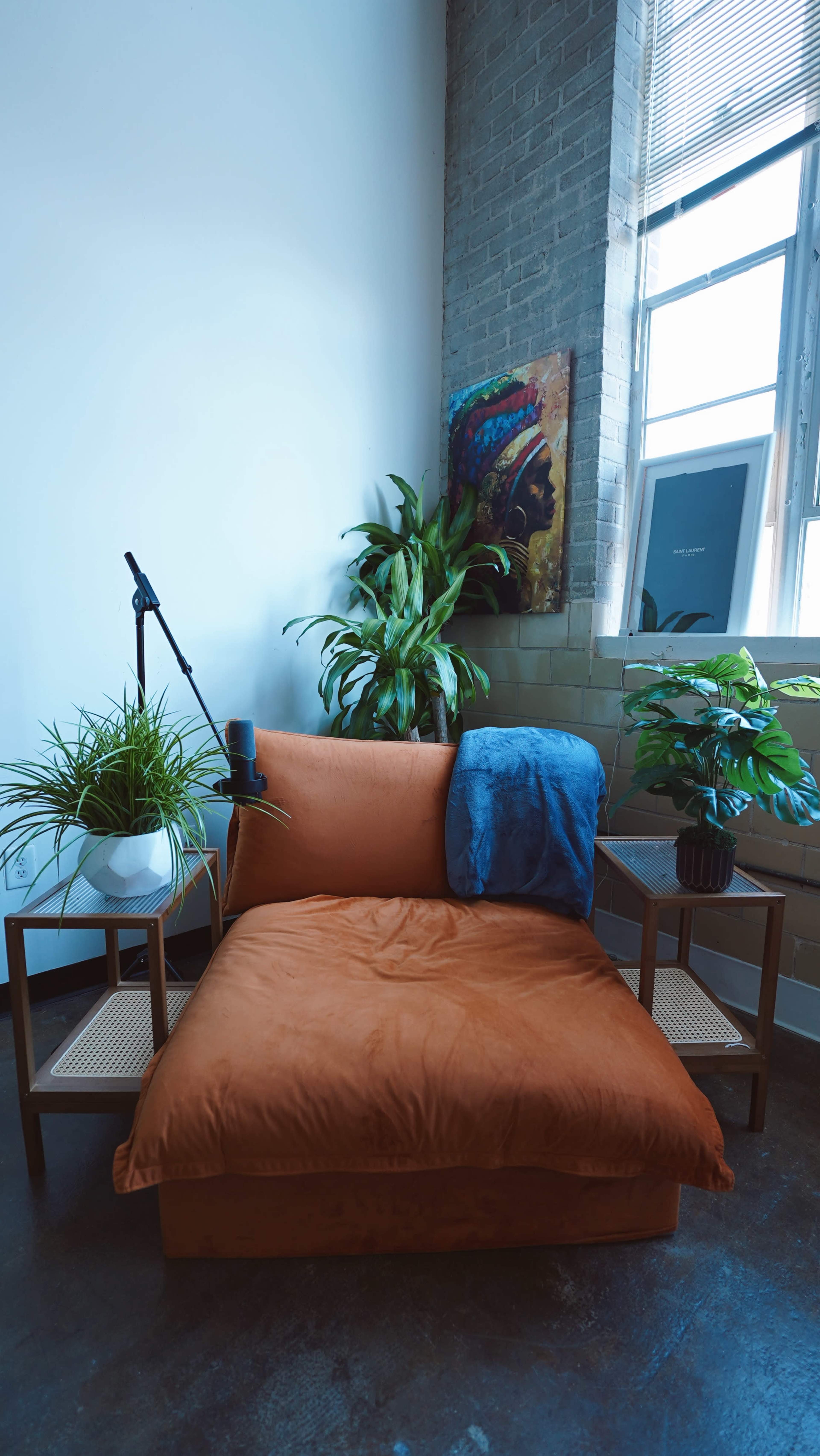 The image shows a cozy corner with a brown fabric chair, flanked by two plants, a blue blanket draped over the chair, and a microphone on a stand nearby.