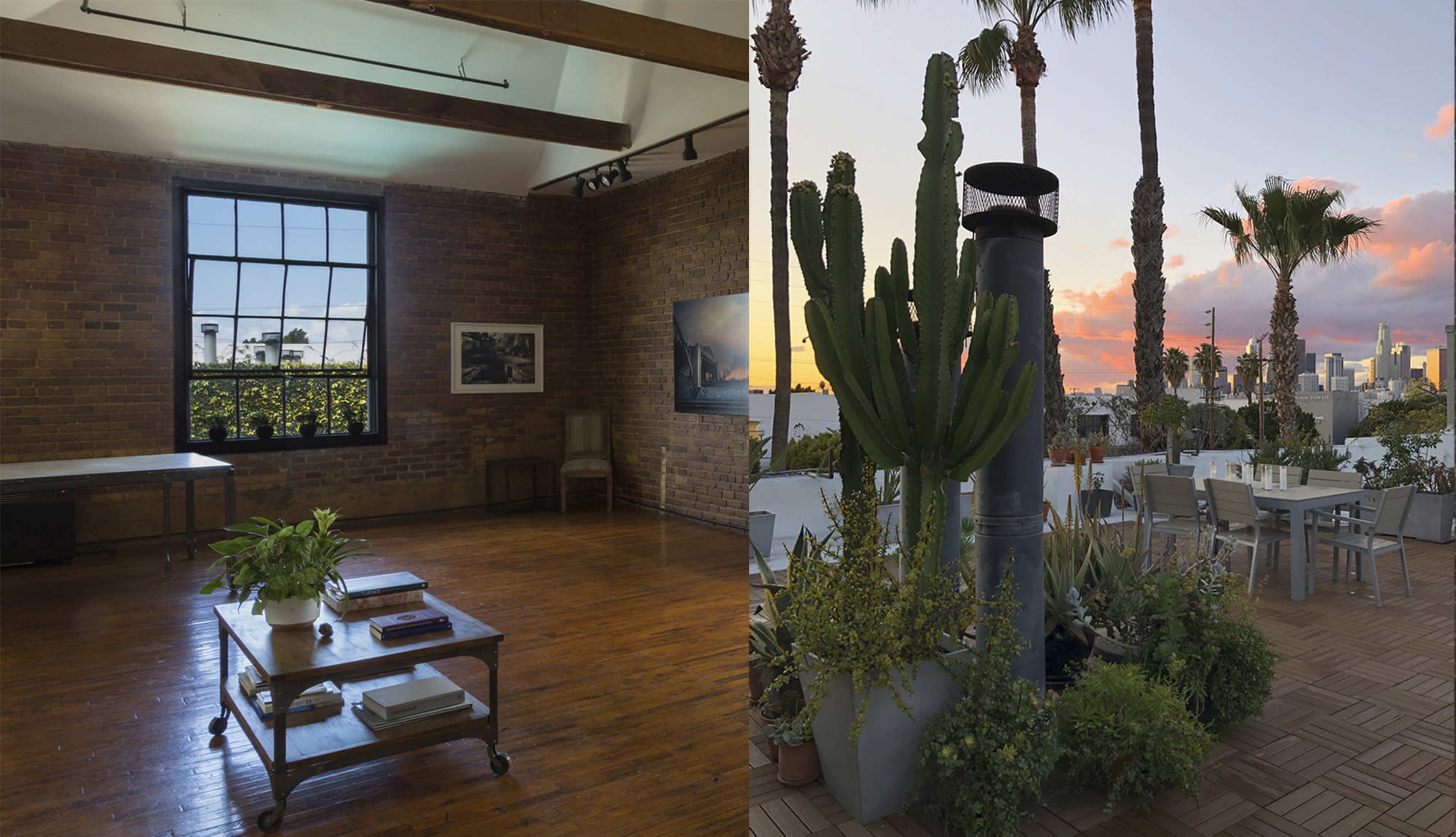 A split scene featuring an industrial-style interior room with a wooden floor and exposed brick walls on the left, and a rooftop terrace with a cactus and city skyline at sunset on the right.