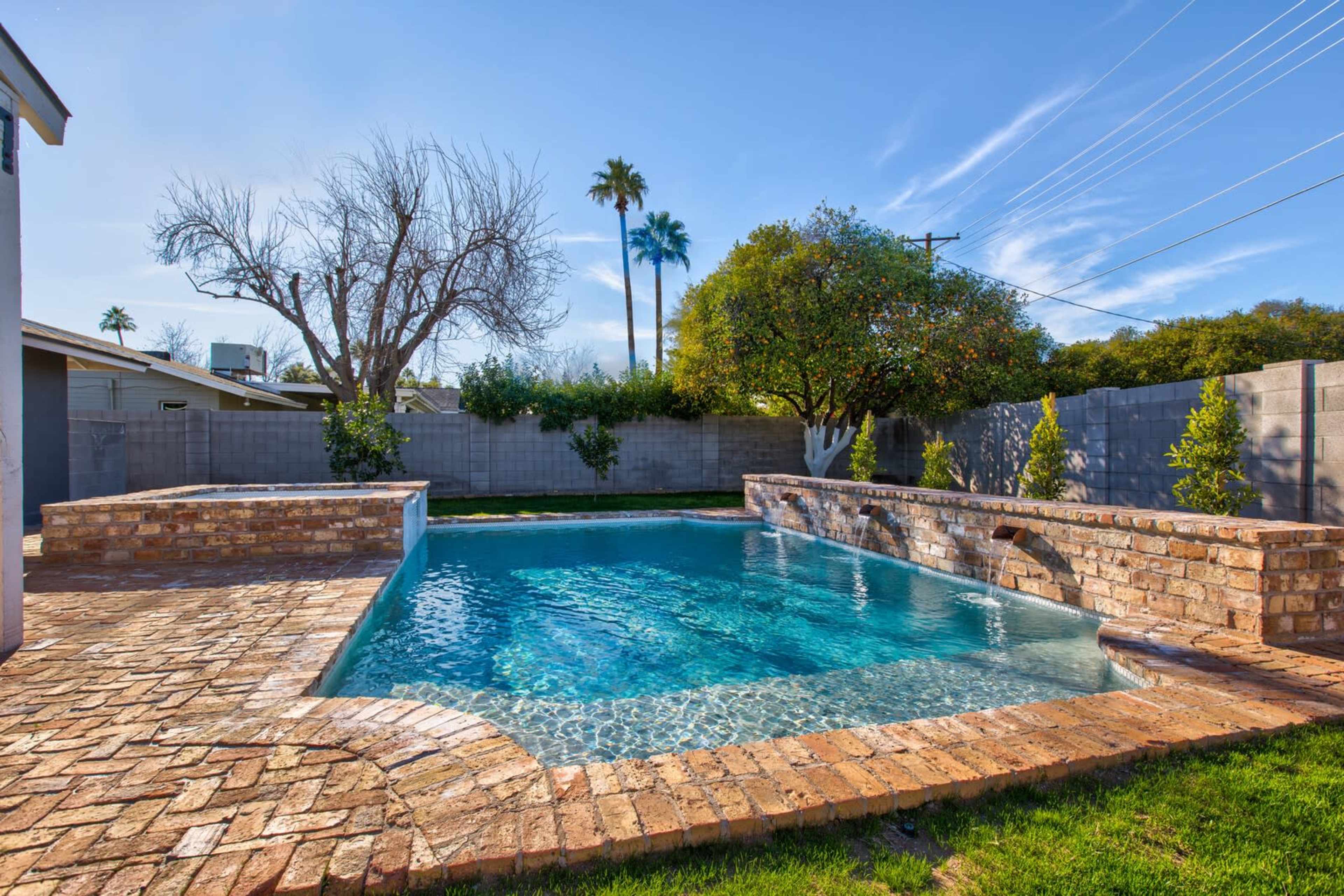 A rectangular swimming pool with clear blue water is surrounded by brick pavement and greenery in a residential backyard, with several palm trees visible in the background.