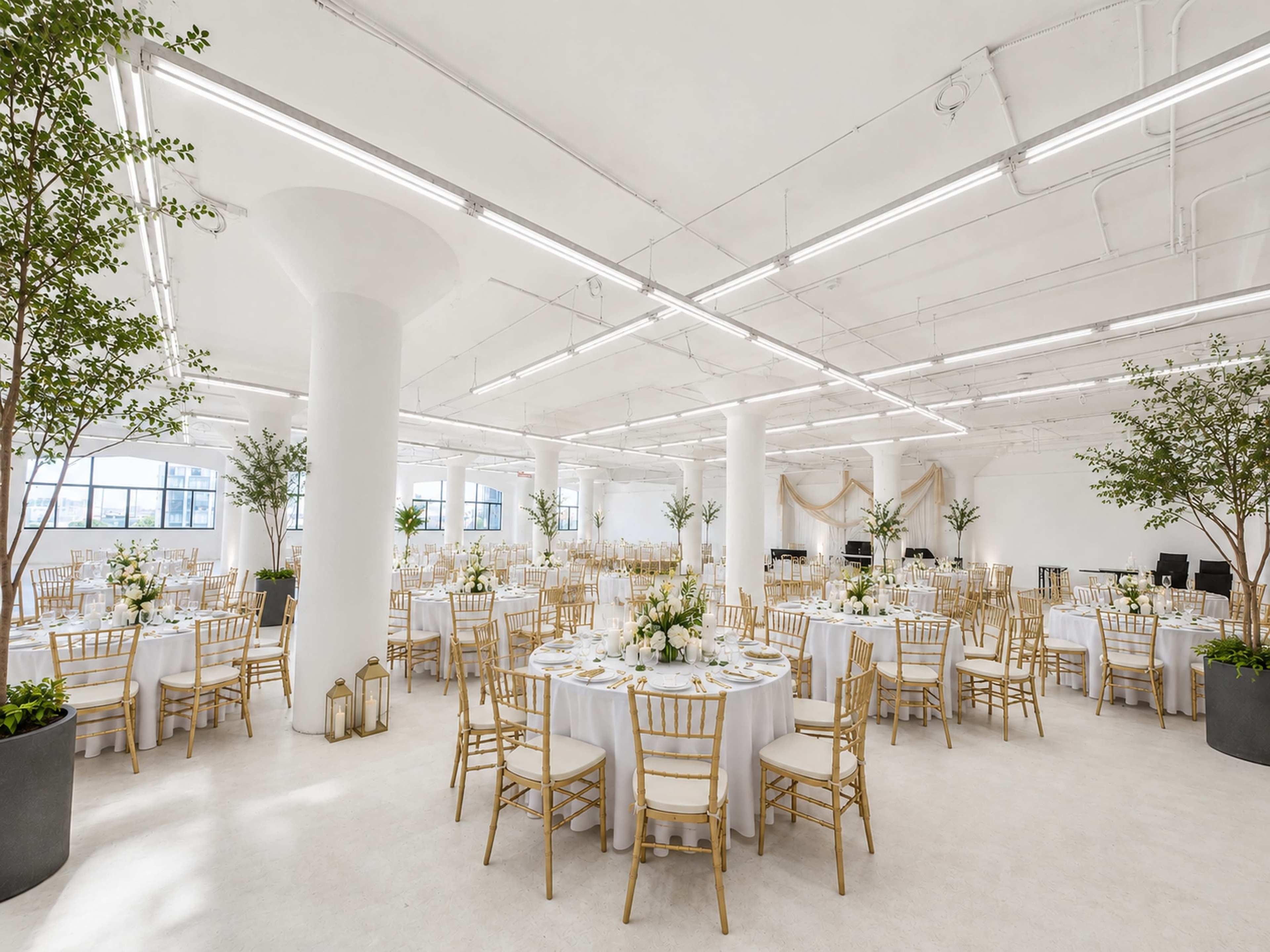 The image shows a spacious event venue set up for a formal occasion, with rows of round tables decorated with white linens and floral centerpieces, surrounded by tall decorative plants.