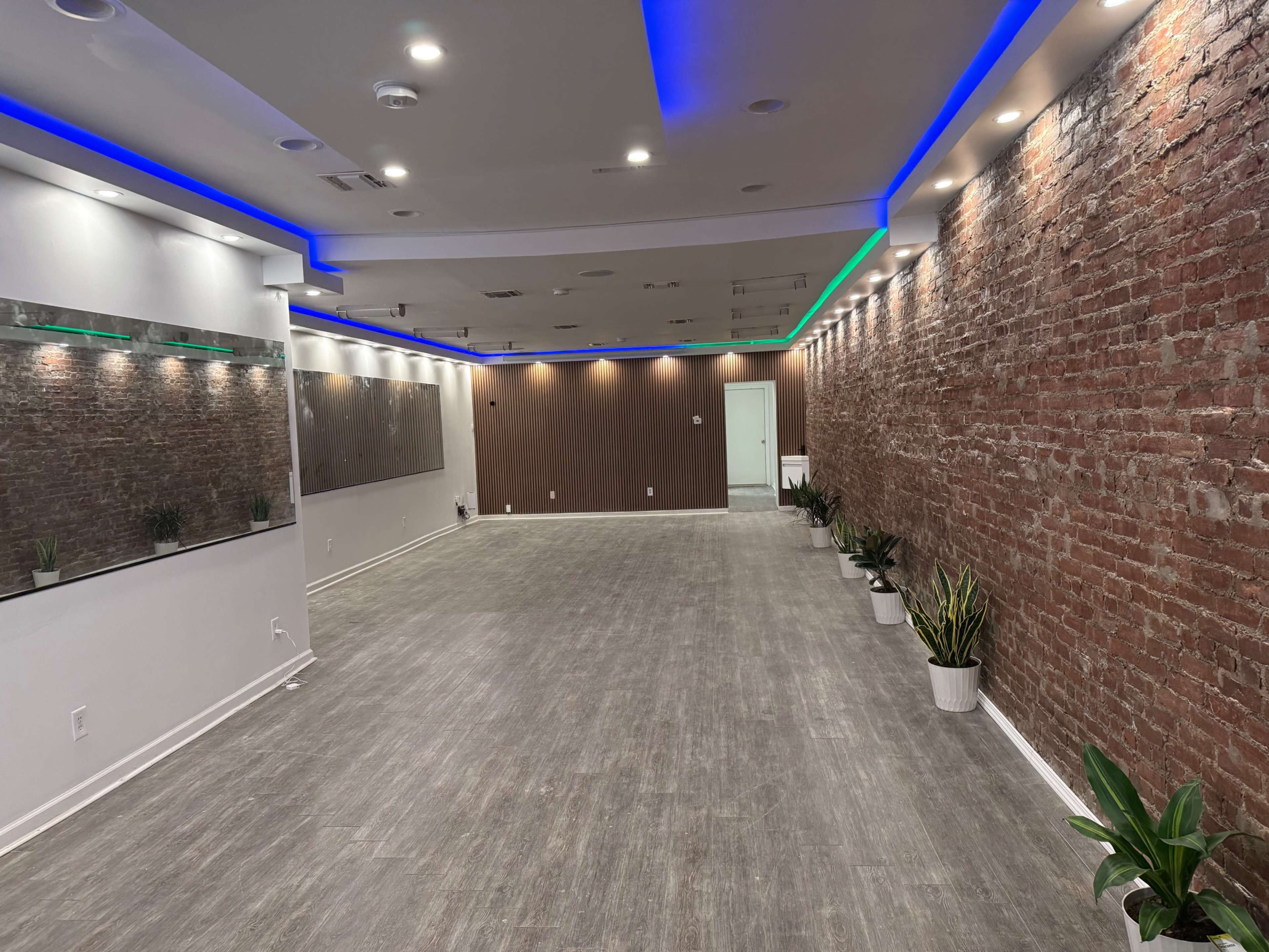 The image shows a spacious room with exposed brick walls, modern lighting, and potted plants along the floor.